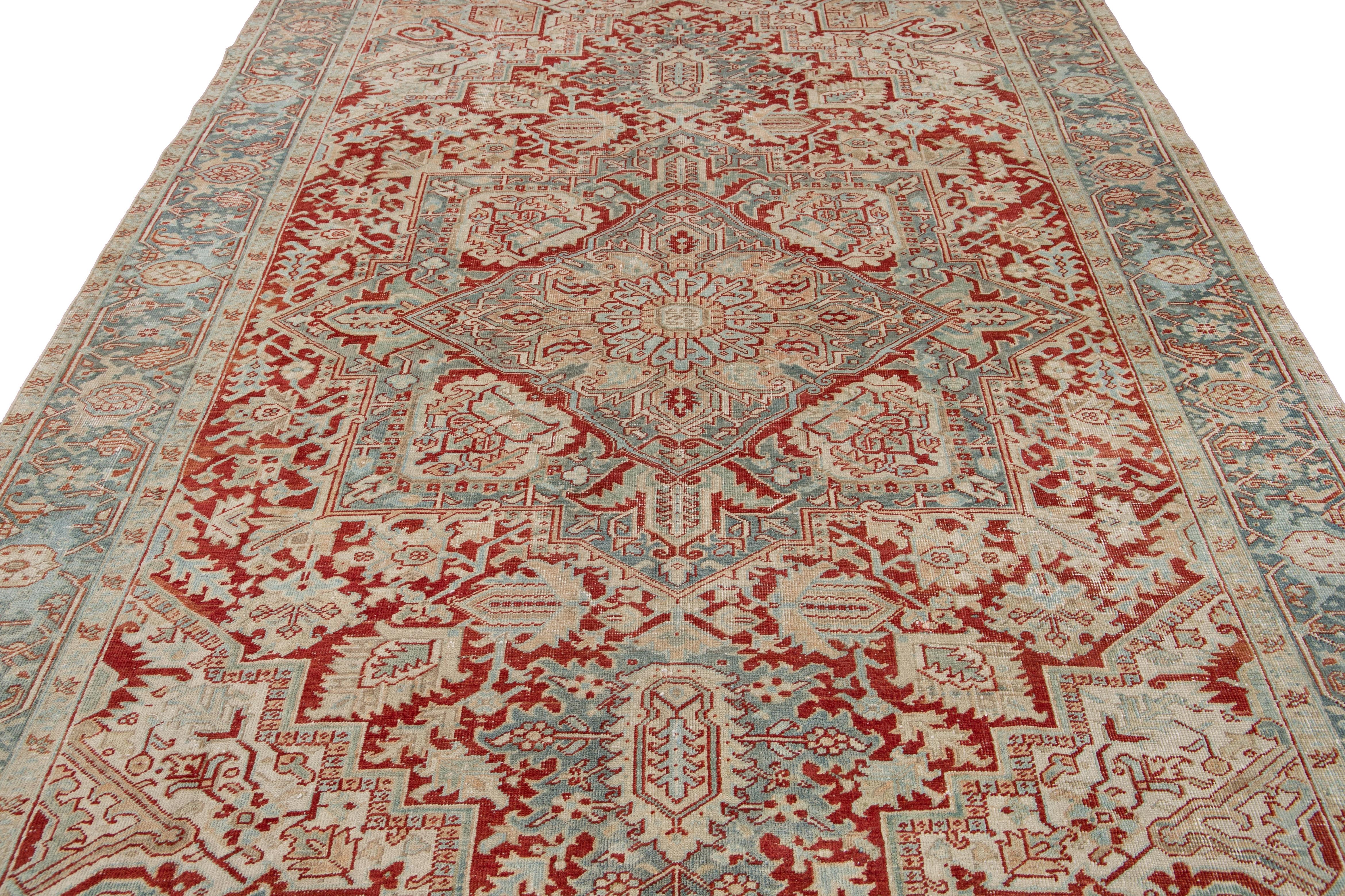 Vintage Persian Heriz Room Size Rust Color Wool Rug. 7'7