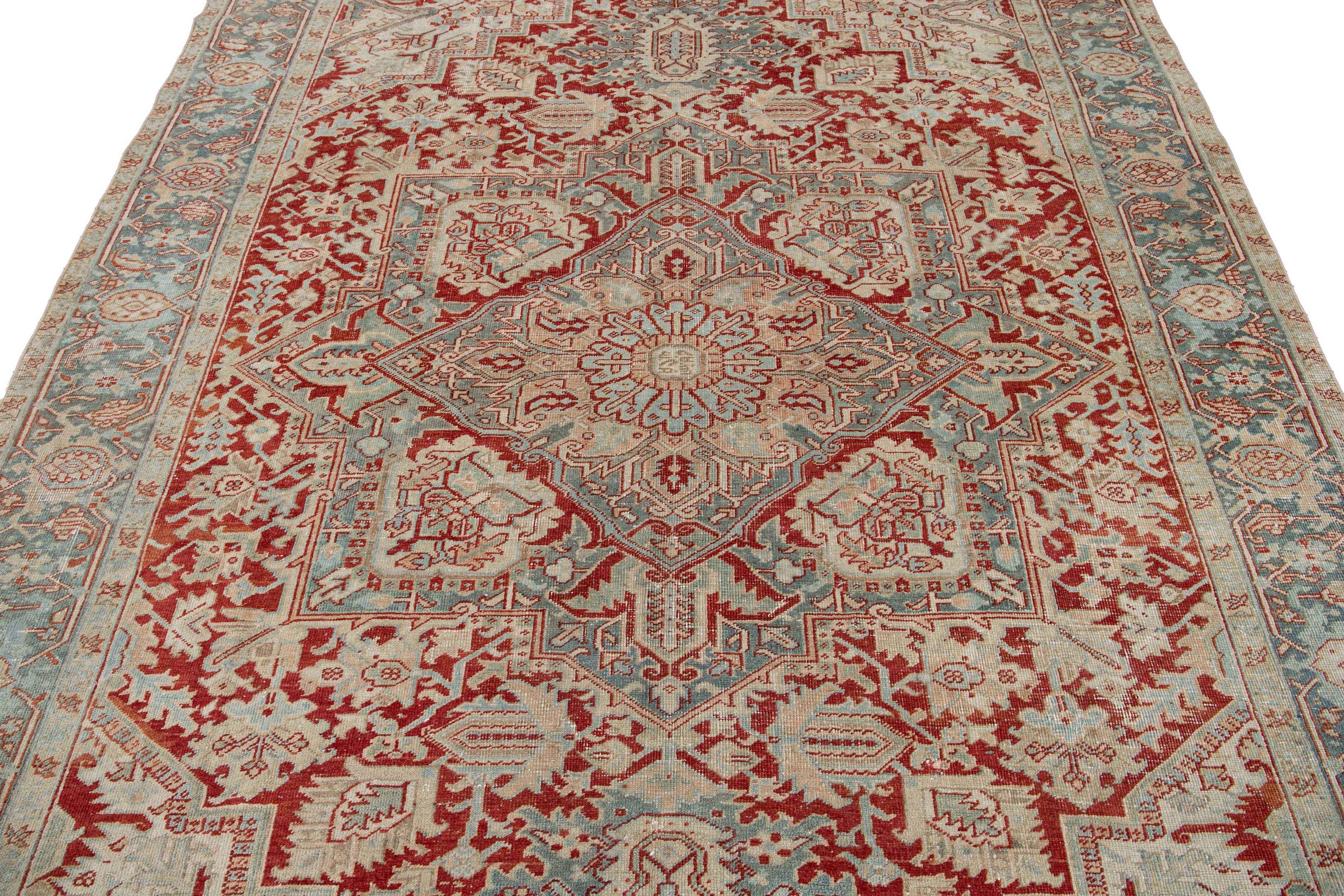 Vintage Persian Heriz Room Size Rust Color Wool Rug. 7'7