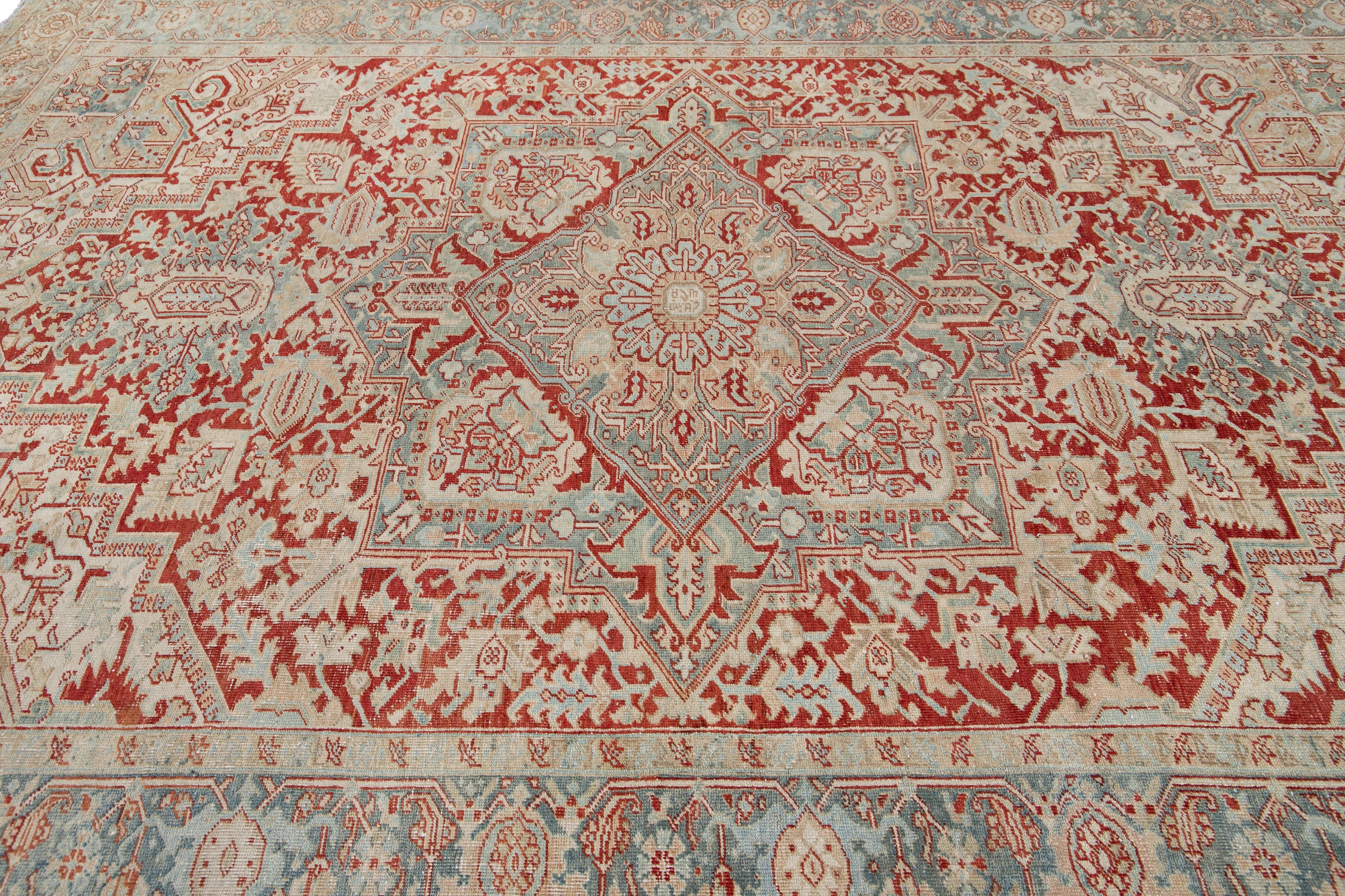 Vintage Persian Heriz Room Size Rust Color Wool Rug. 7'7