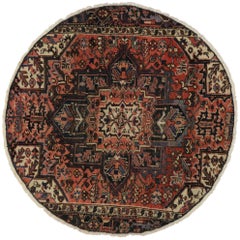 Vintage Persian Heriz Round Rug with Traditional Style