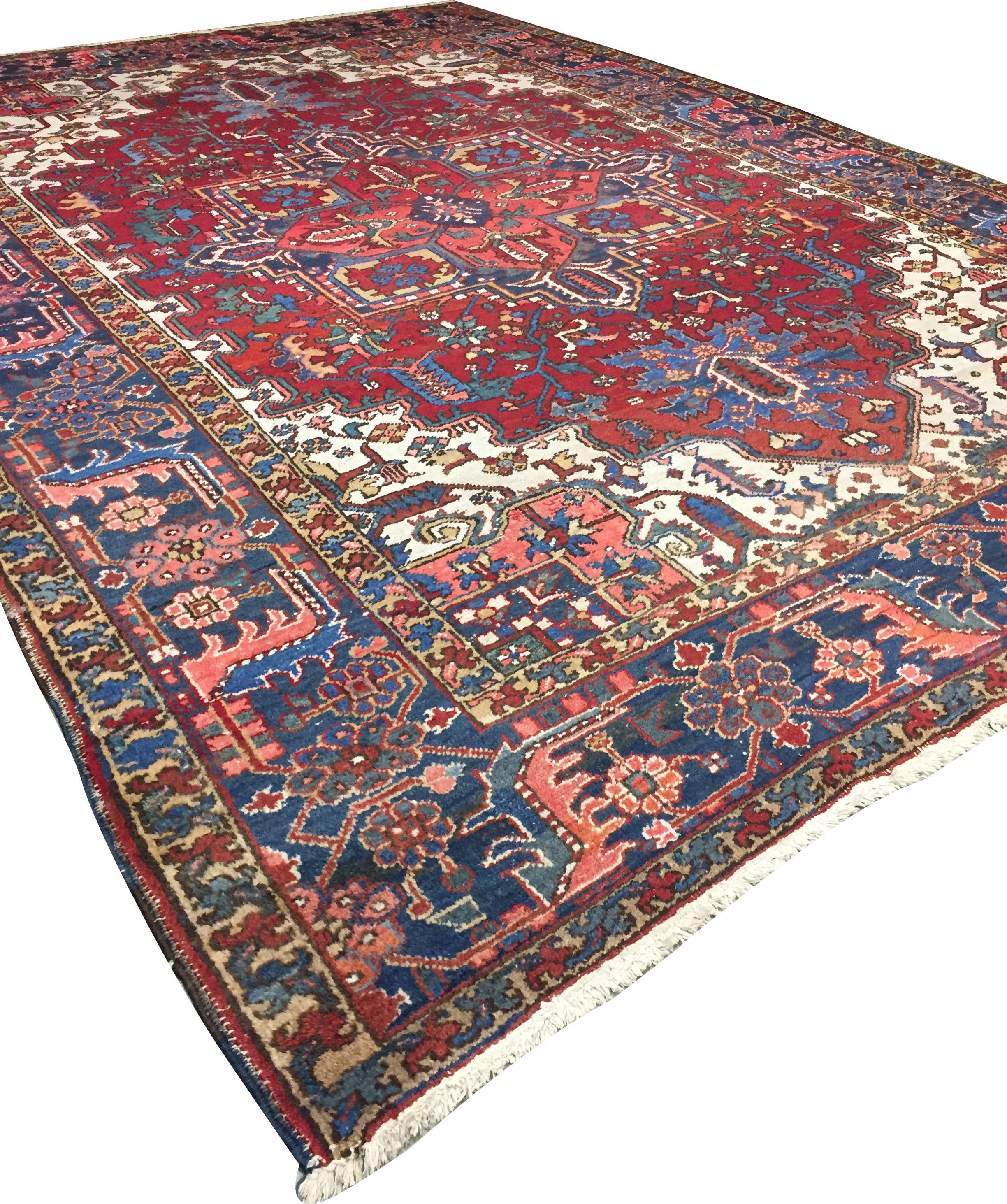 Vintage Persian Heriz Rug 8'1 X 11'5. As perpetually fashionable as they are collectible, traditional Heriz luxury handmade rugs are skillfully woven in vibrant colors and emphatic geometric designs. The Heriz district of NW Persia has been weaving