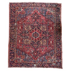 Vintage Persian Heriz Rug, Center Medallion, Distress, Pink and Blue Corners