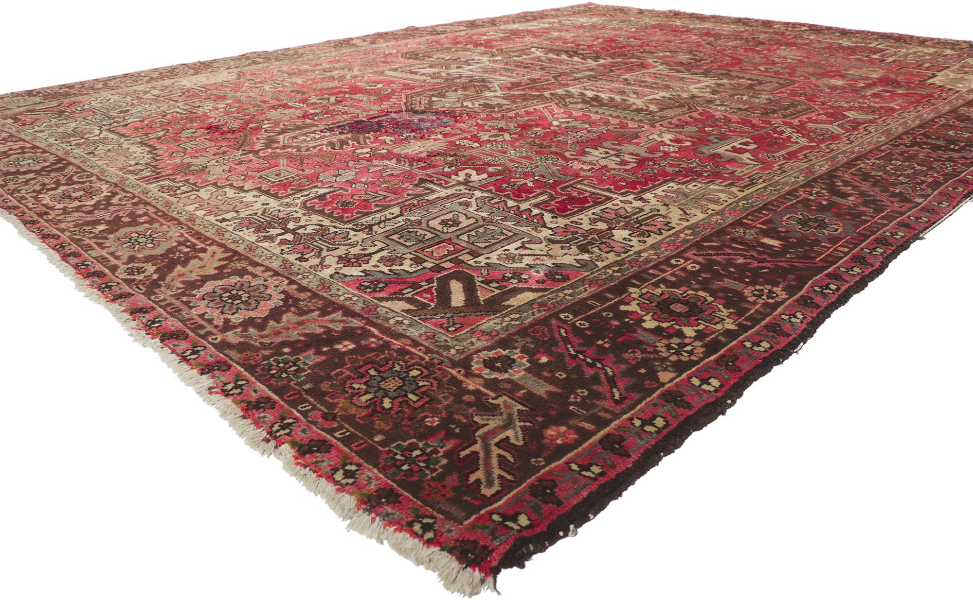 78289 Vintage Persian Heriz Rug, 10'00 x 12'11. Delve into the enchanting world of Heriz rugs, which trace their origins to the picturesque northwestern region of Iran, renowned for their exceptional qualities. Handcrafted with meticulous attention