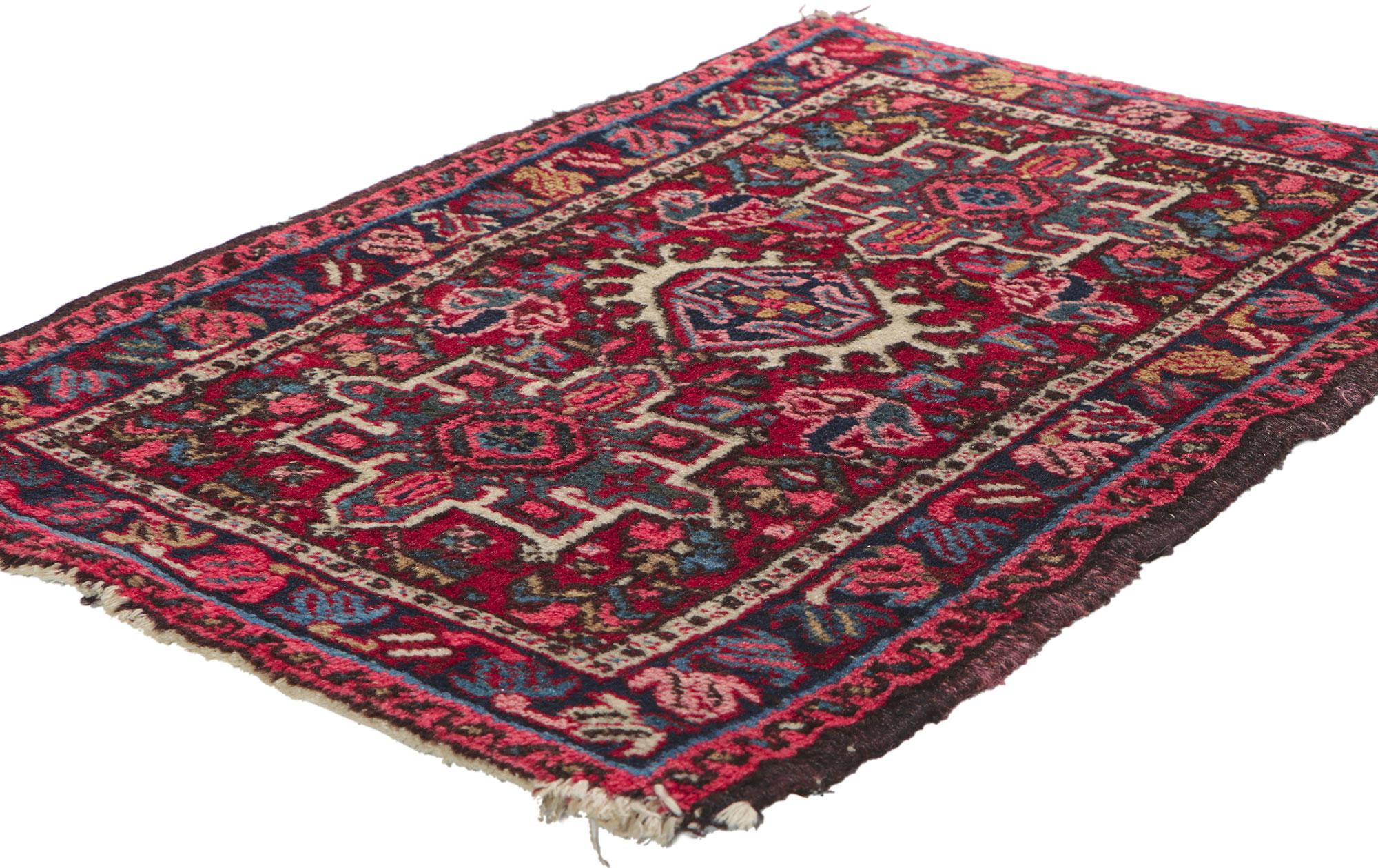 78347 Vintage Persian Heriz rug, 01'11 x 02'10. Showcasing a timeless design with incredible detail and texture, this hand-knotted wool vintage Persian Heriz rug is poised to impress. The eye-catching geometric pattern and traditional color palette