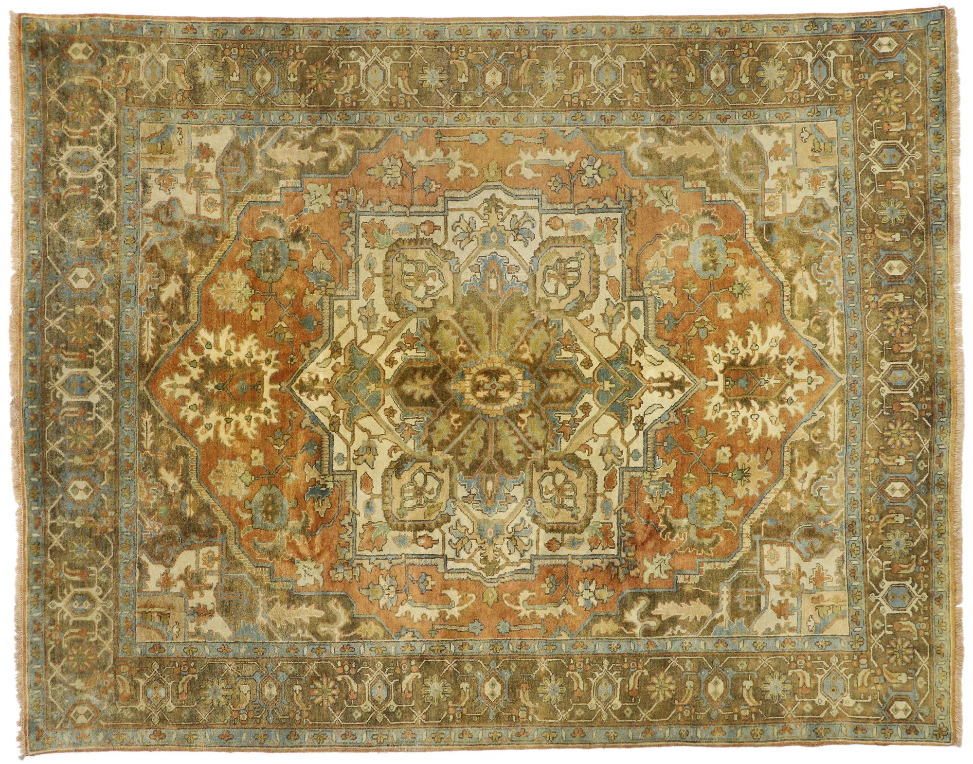 77309 Vintage Persian Heriz rug, 08'01 x 10'03. Warm and inviting with incredible detail and texture, this hand-knotted wool vintage Persian Heriz rug is a captivating vision of woven beauty. The eye-catching octofoil center medallion and earthy