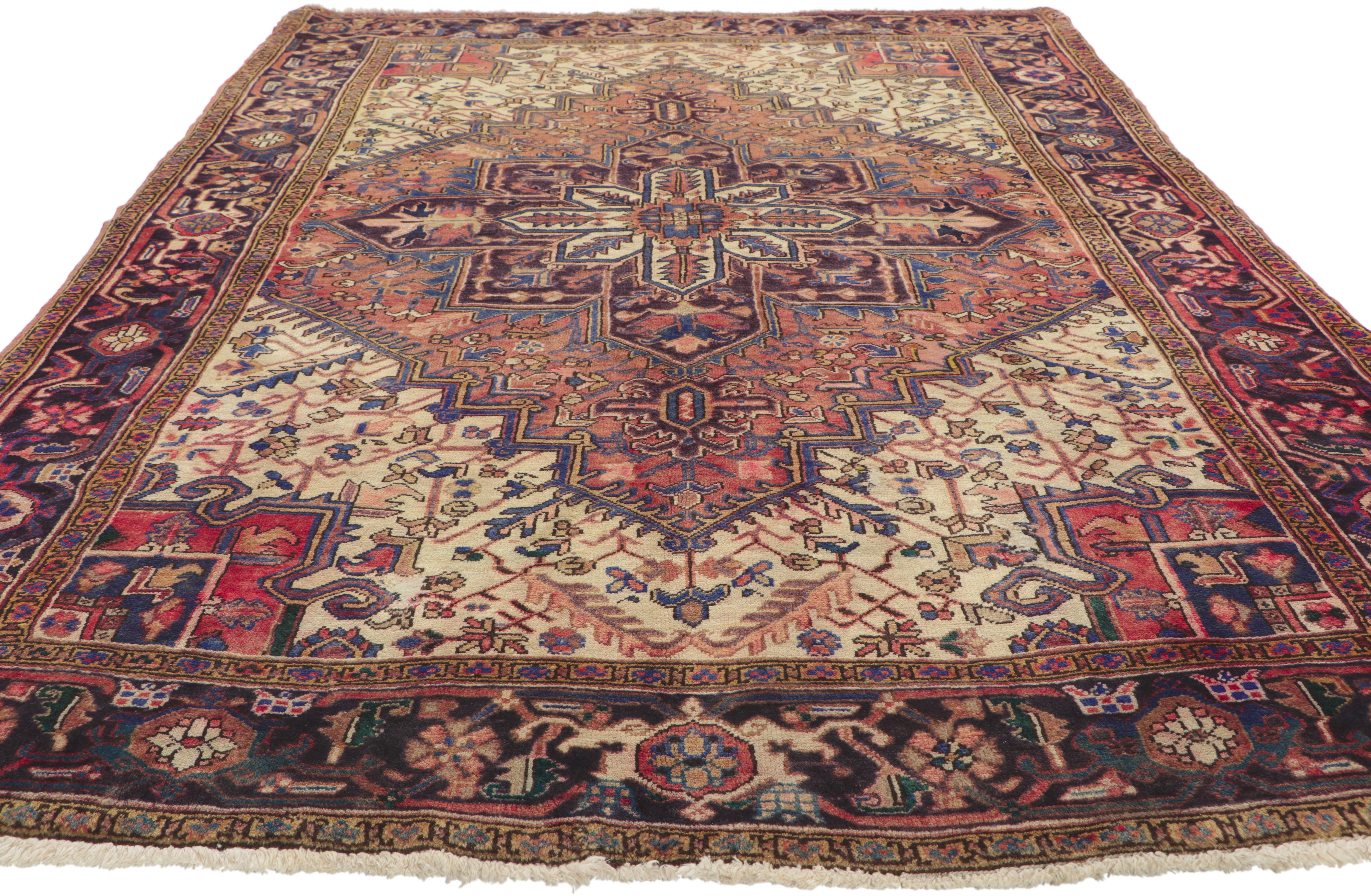 75557 Vintage Persian Heriz Rug, 05'07 x 08'07. Introducing a piece that effortlessly embodies the Mid-century Modern aesthetic, this hand-knotted wool vintage Persian Heriz rug transcends time with its captivating design and meticulous