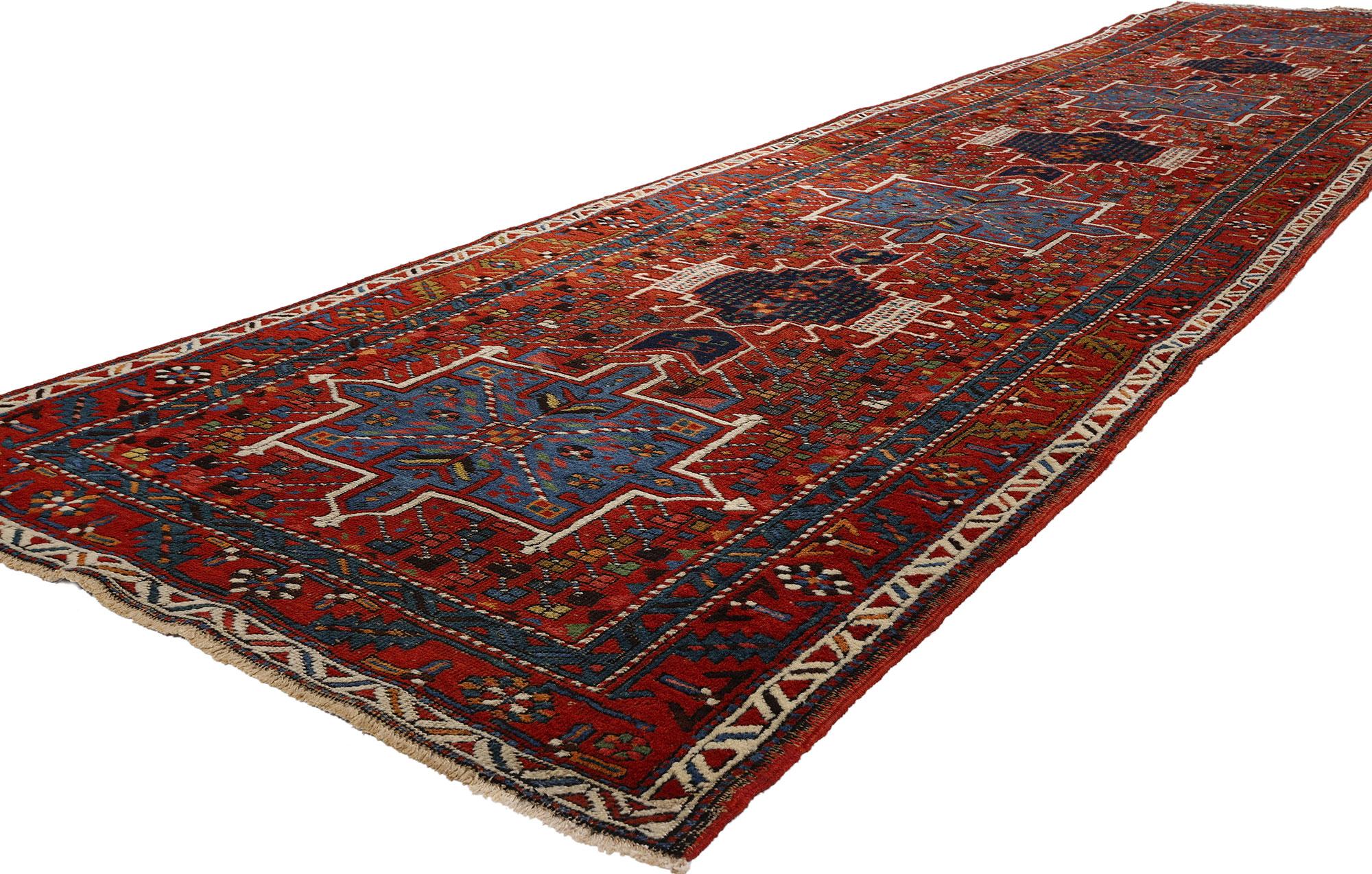 53873 Vintage Persian Karaja Heriz Rug Runner, 03'02 x 14'04. Persian Karaja Heriz rugs are handcrafted masterpieces originating from the Heriz region in Northwestern Iran, specifically from the village of Karaja. These rugs are distinguished by