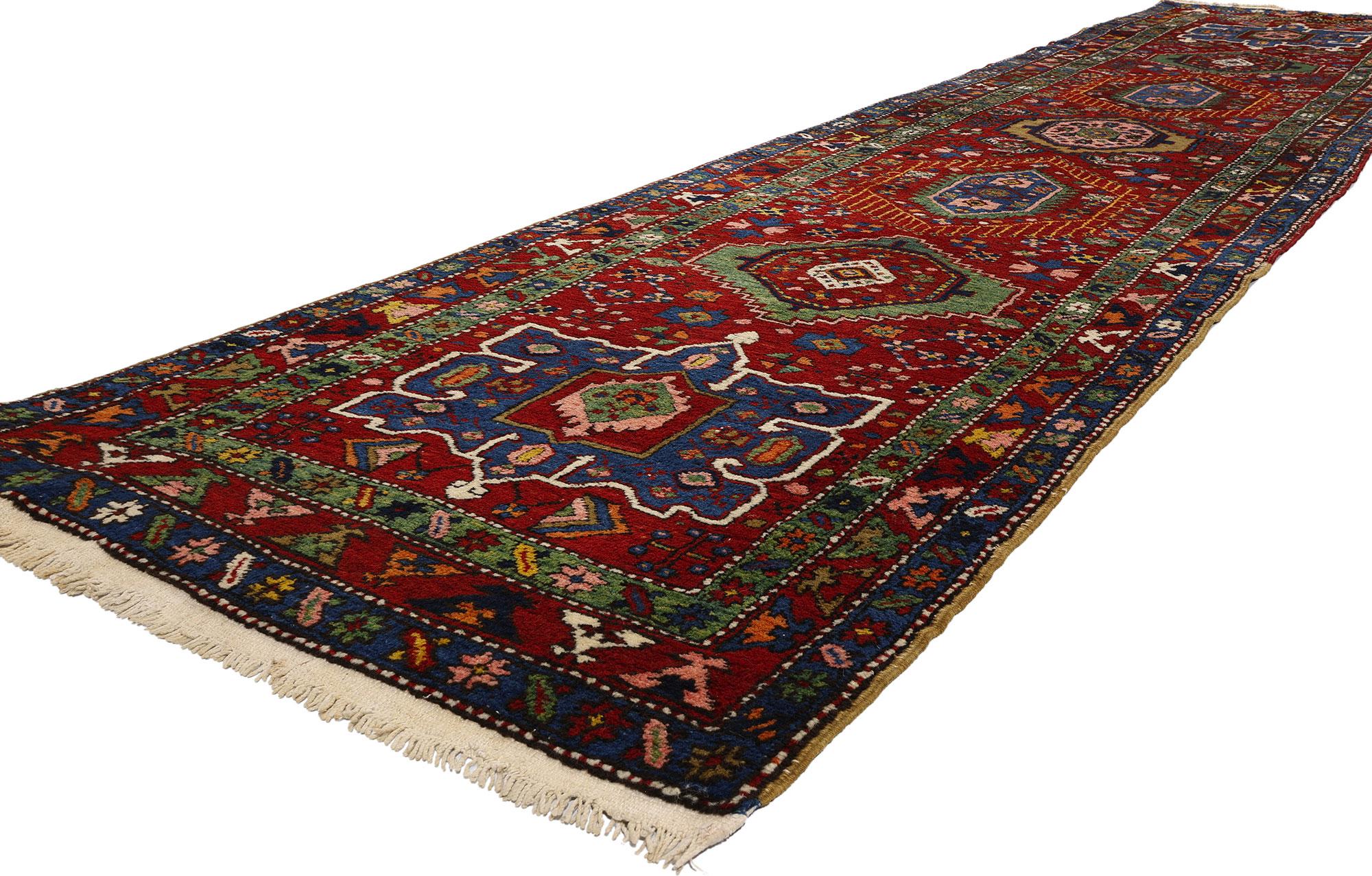 53872 Vintage Persian Karaja Heriz Rug Runner, 03'04 x 16'05. Persian Karaja Heriz rugs are meticulously crafted treasures that trace their roots to the Heriz region in Northwestern Iran, particularly the village of Karaja. Renowned for their