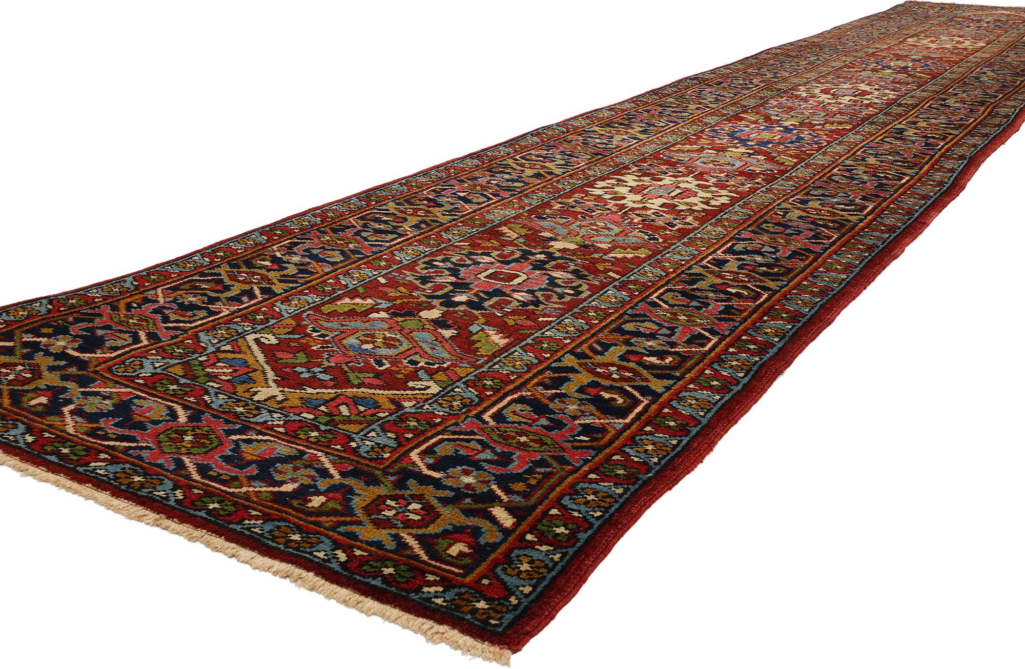 53871 Vintage Persian Heriz Rug Runner, 03'03 x 17'08. Explore the captivating appeal of Heriz rugs, originating from the northwestern region of Iran, celebrated for their unparalleled attributes. Painstakingly crafted in the village of Heris,