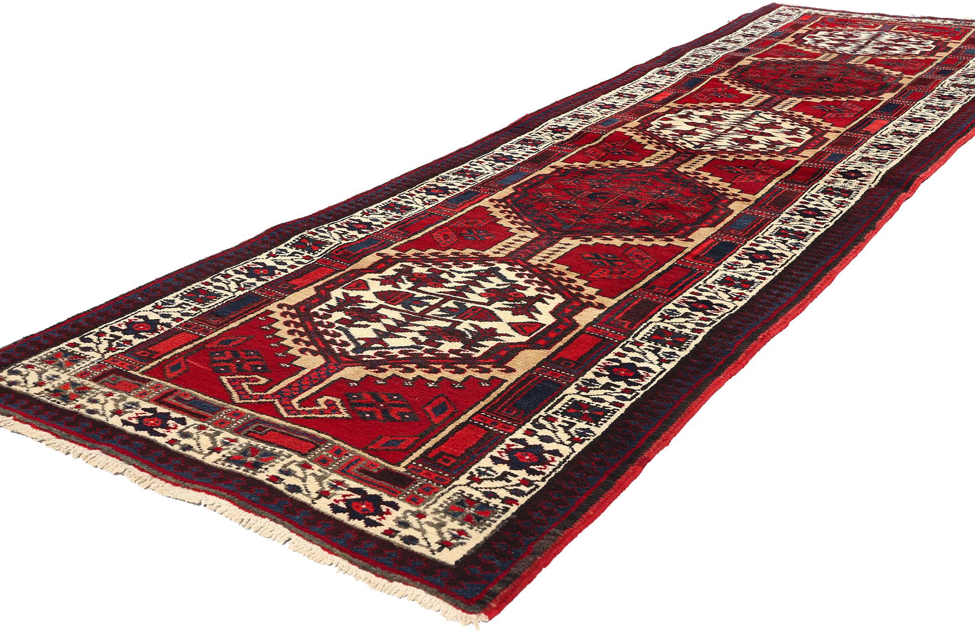 60245 Vintage Persian Heriz Rug Runner, 03'02 x 11'03. Persian Heriz carpet runners represent a specialized category within the realm of Heriz rugs, fashioned in a long and narrow format tailored specifically for embellishing hallways, staircases,