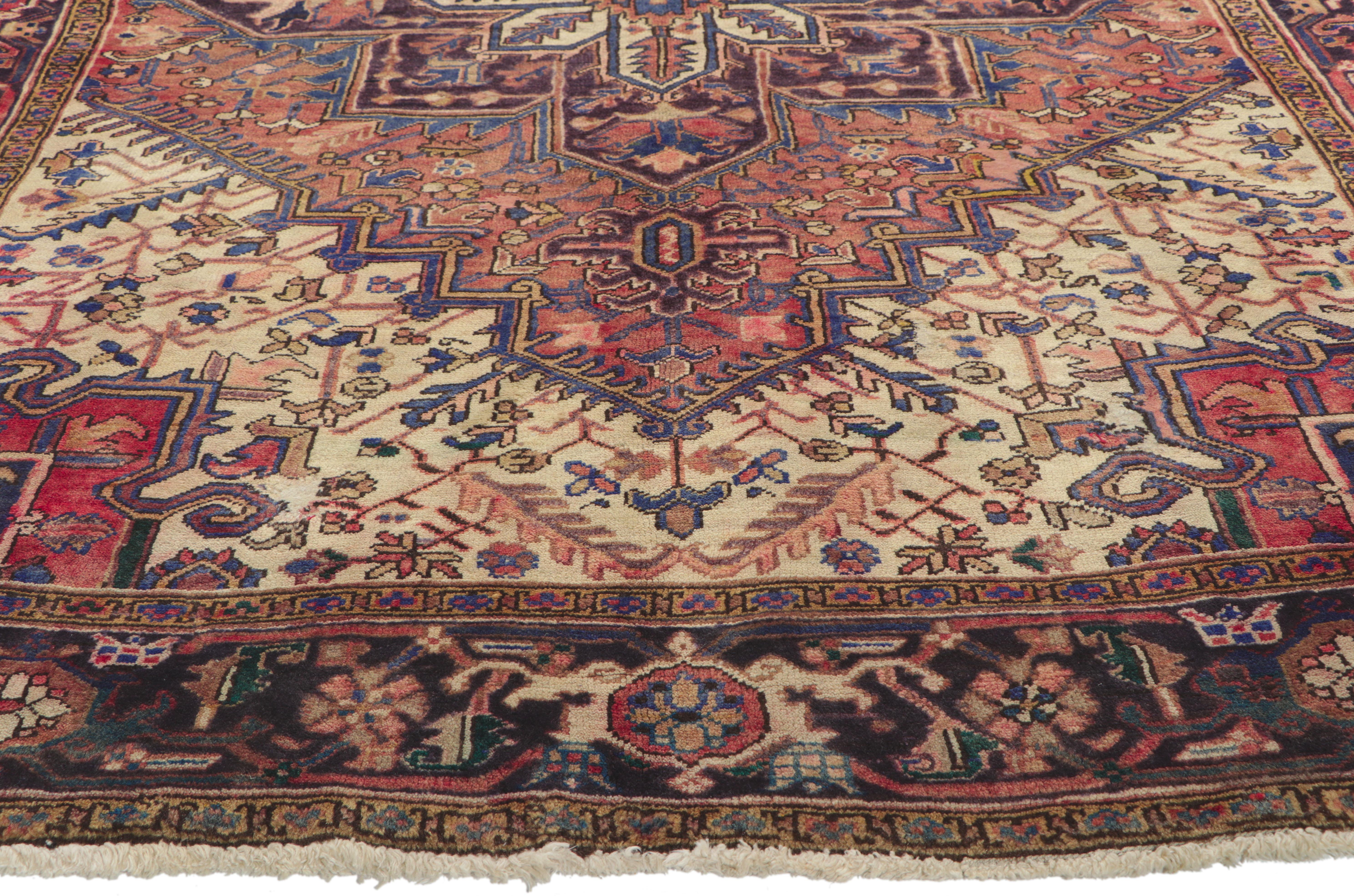 Heriz Serapi Vintage Persian Heriz Rug, Midcentury Modern Meets Earth-Tone Elegance For Sale
