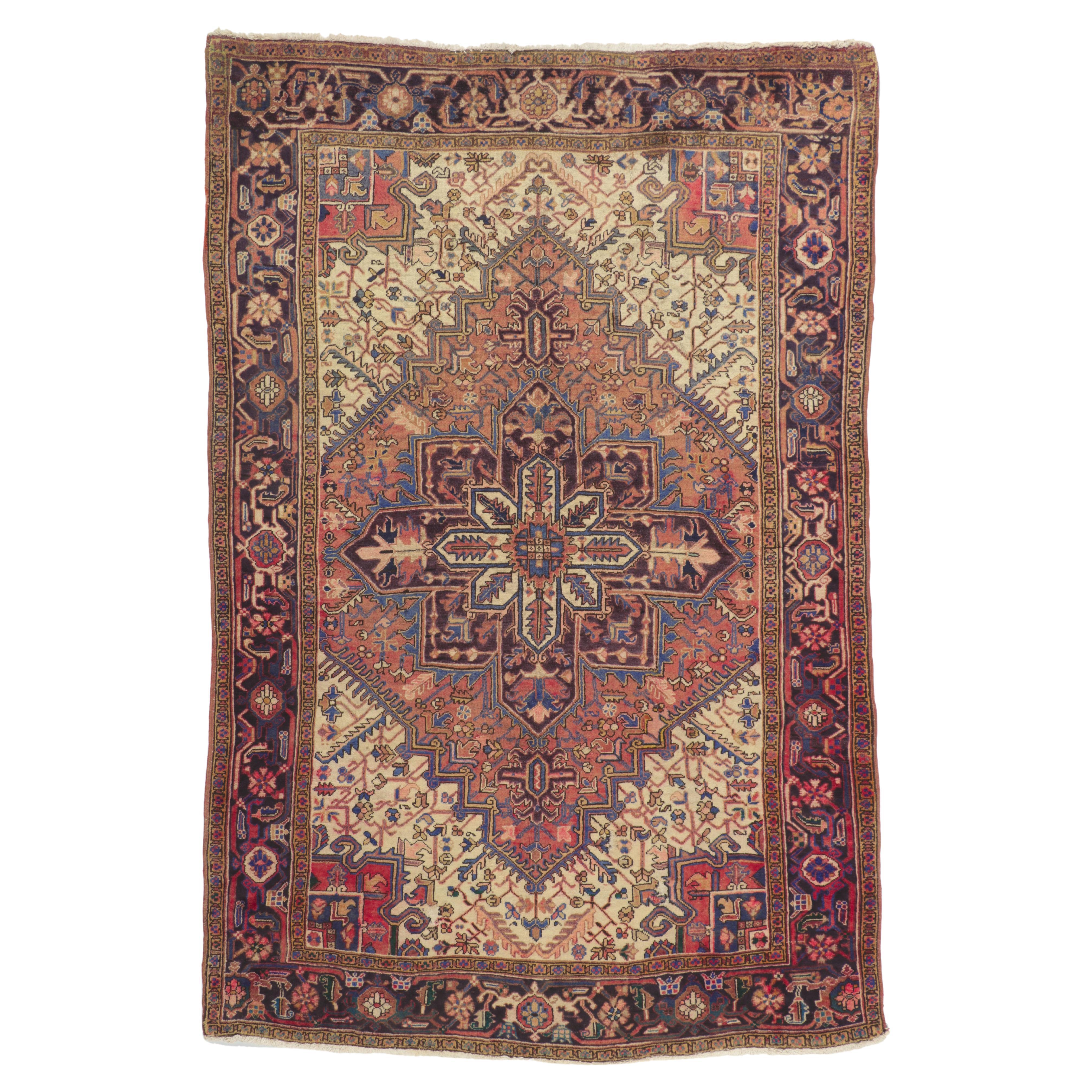 Vintage Persian Heriz Rug, Midcentury Modern Meets Earth-Tone Elegance