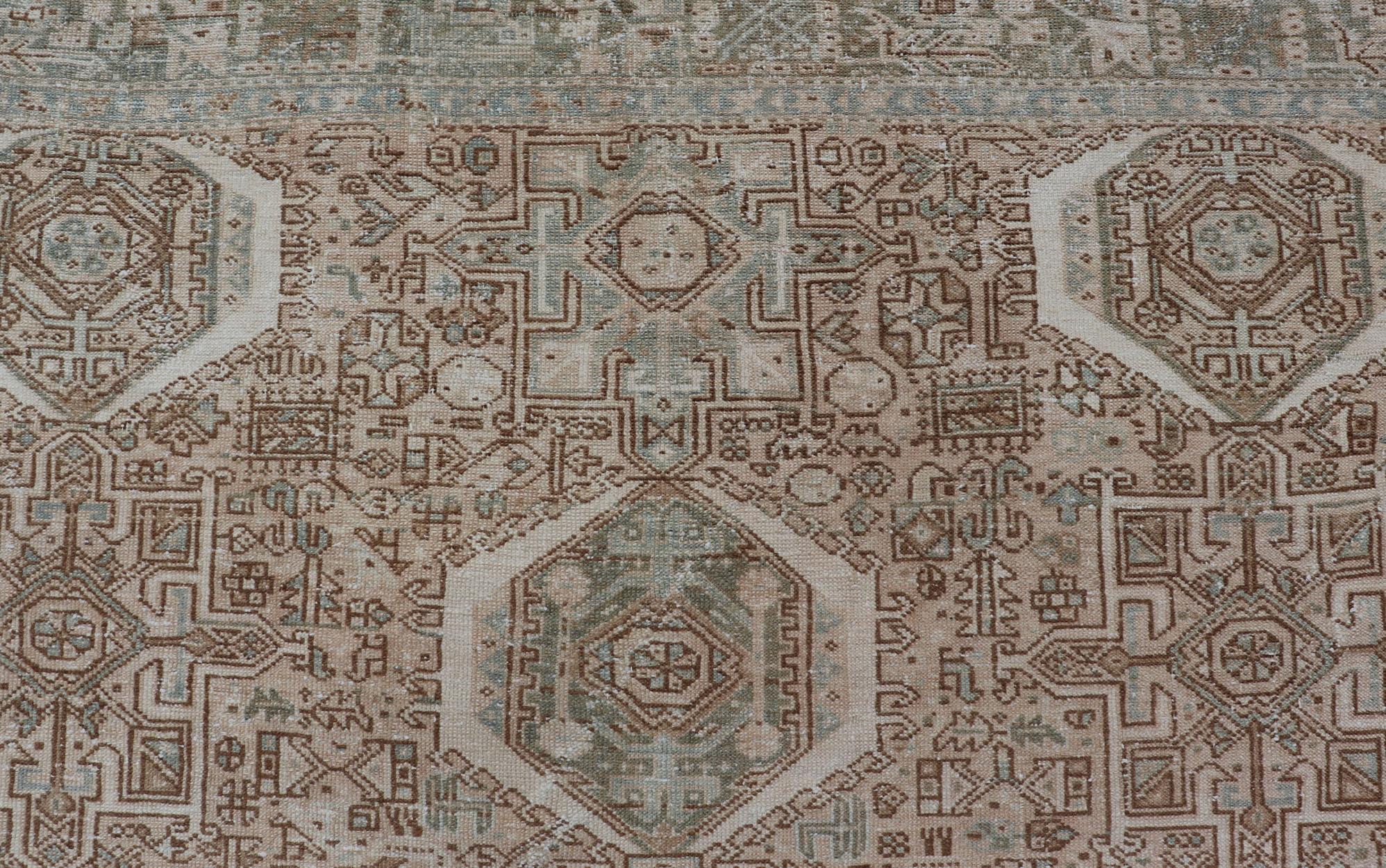 Vintage Persian Heriz Rug with All-Over Medallion Design in Tan and Blues For Sale 3