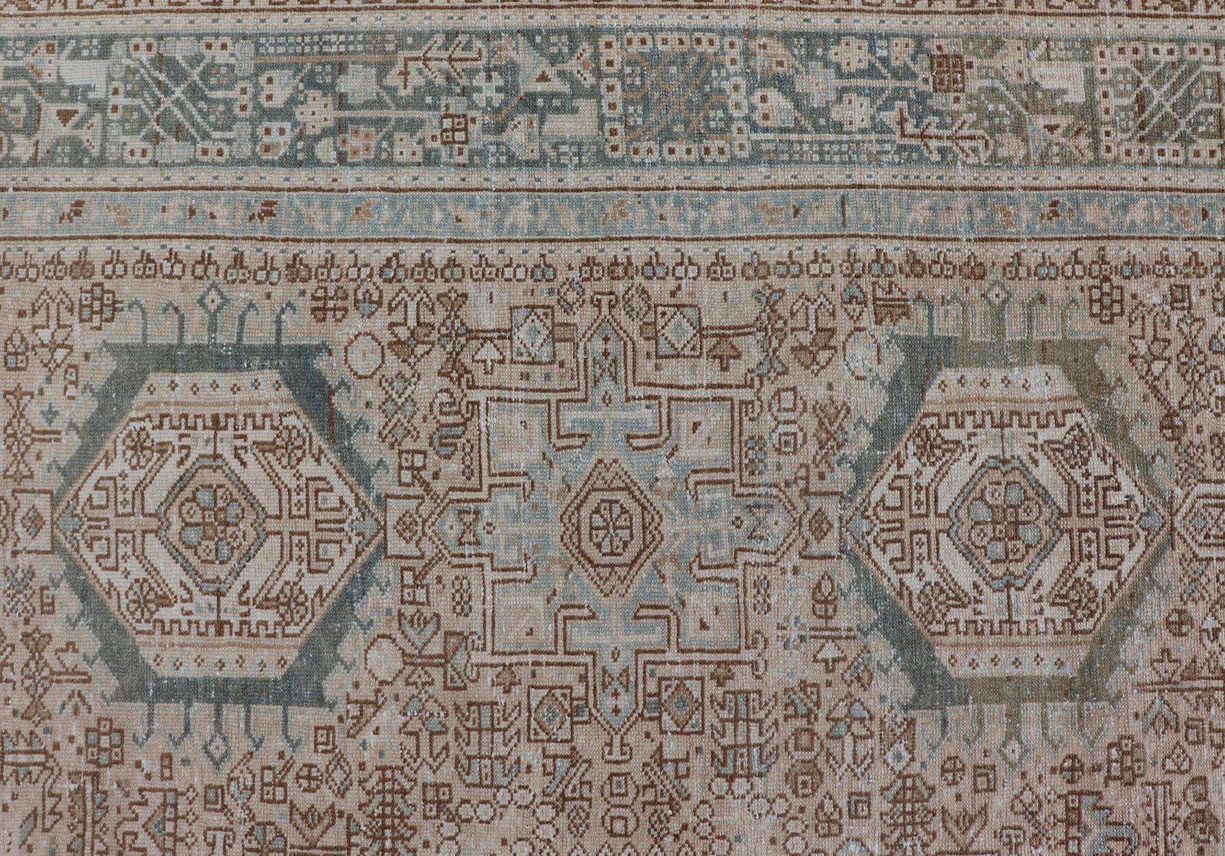 Vintage Persian Heriz Rug with All-Over Medallion Design in Tan and Blues For Sale 4