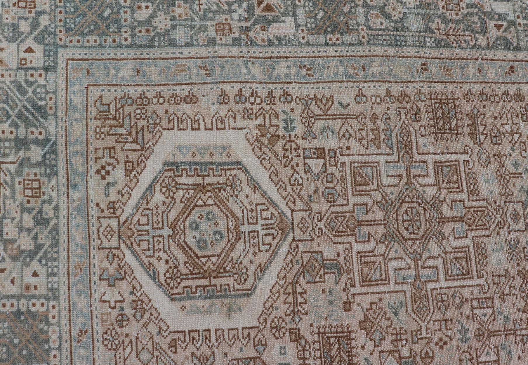 Vintage Persian Heriz Rug with All-Over Medallion Design in Tan and Blues For Sale 5