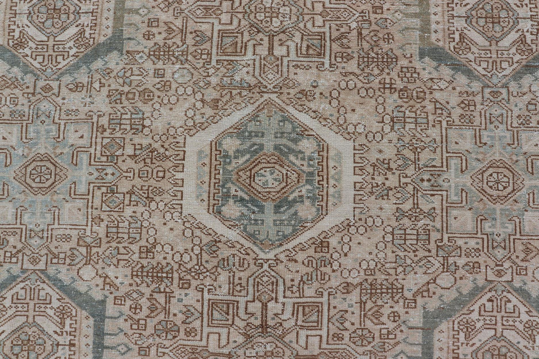 Vintage Persian Heriz Rug with All-Over Medallion Design in Tan and Blues For Sale 2