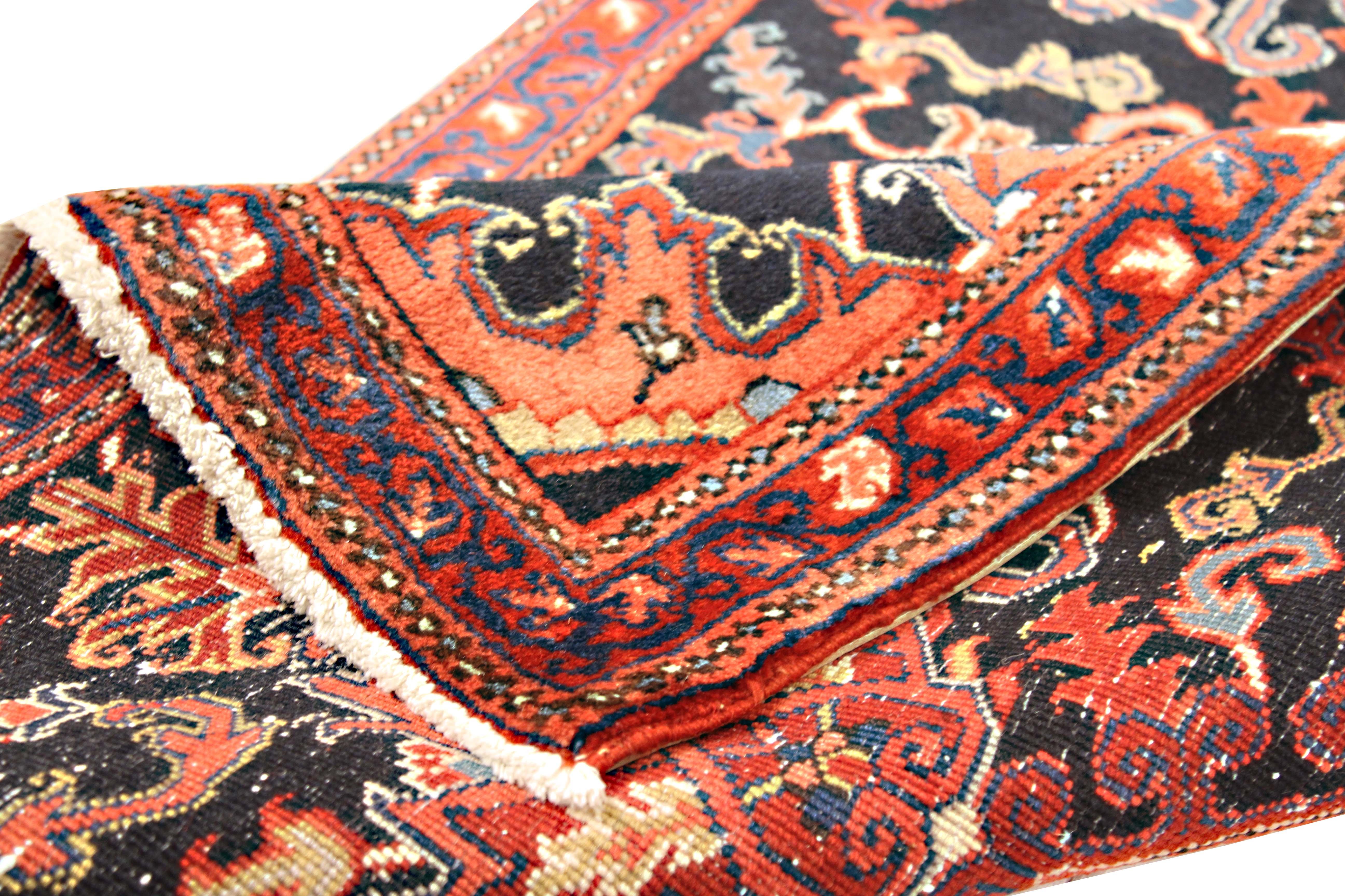 Heriz Serapi Vintage Persian Heriz Rug with Blue and Red Botanical Details For Sale