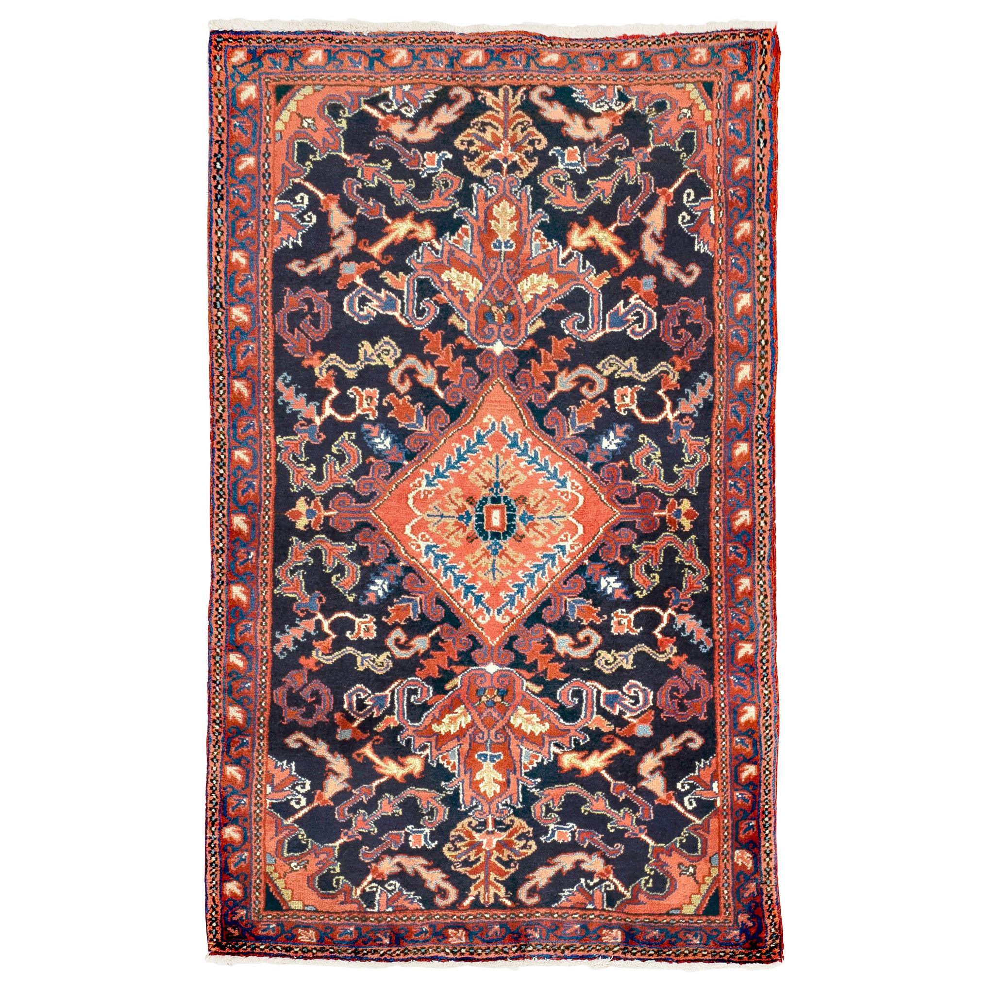 Vintage Persian Heriz Rug with Blue and Red Botanical Details