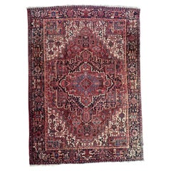 Vintage Persian Heriz Rug with Center Medallion, Indigo and Blush