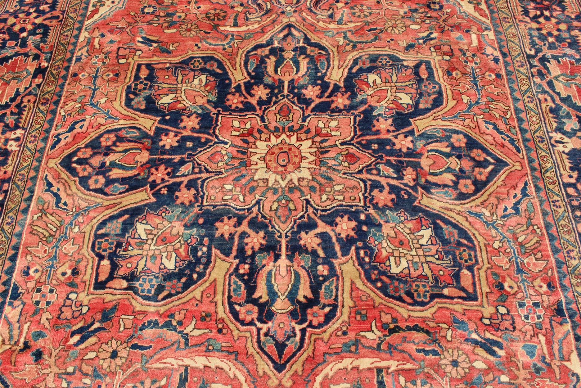 Vintage Persian Heriz Rug with Floral Medallion Design in Red and Blue 3
