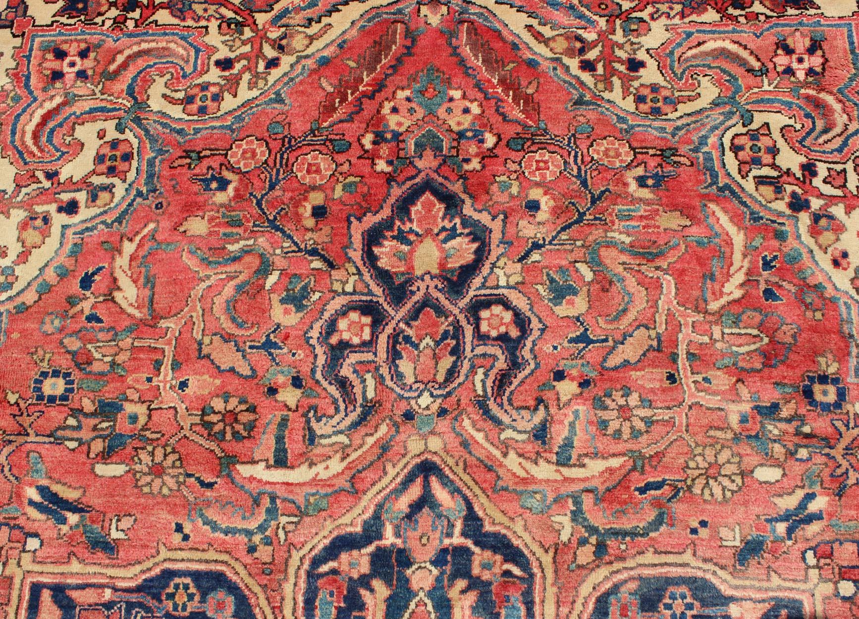 Vintage Persian Heriz Rug with Floral Medallion Design in Red and Blue 4