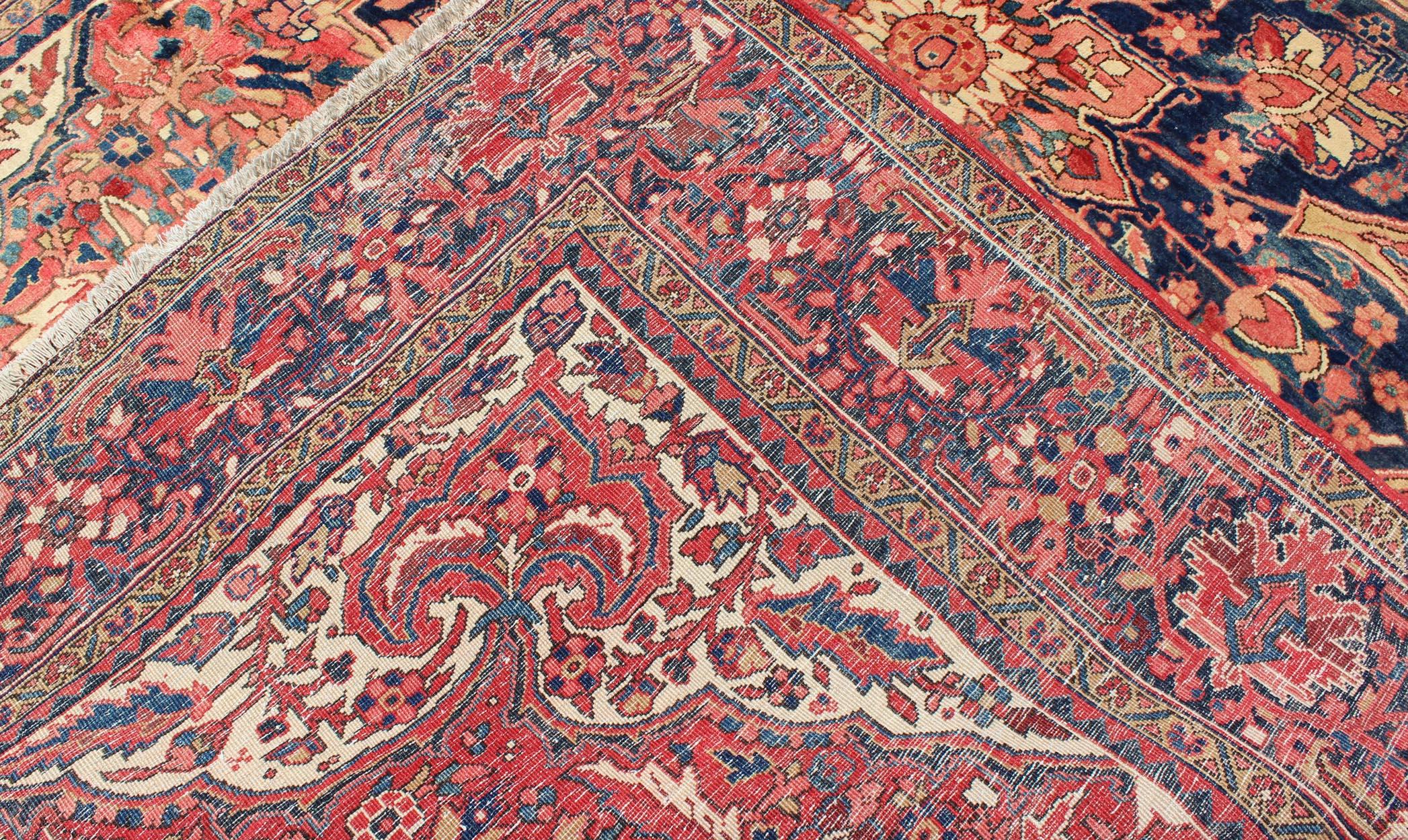 Vintage Persian Heriz Rug with Floral Medallion Design in Red and Blue 5
