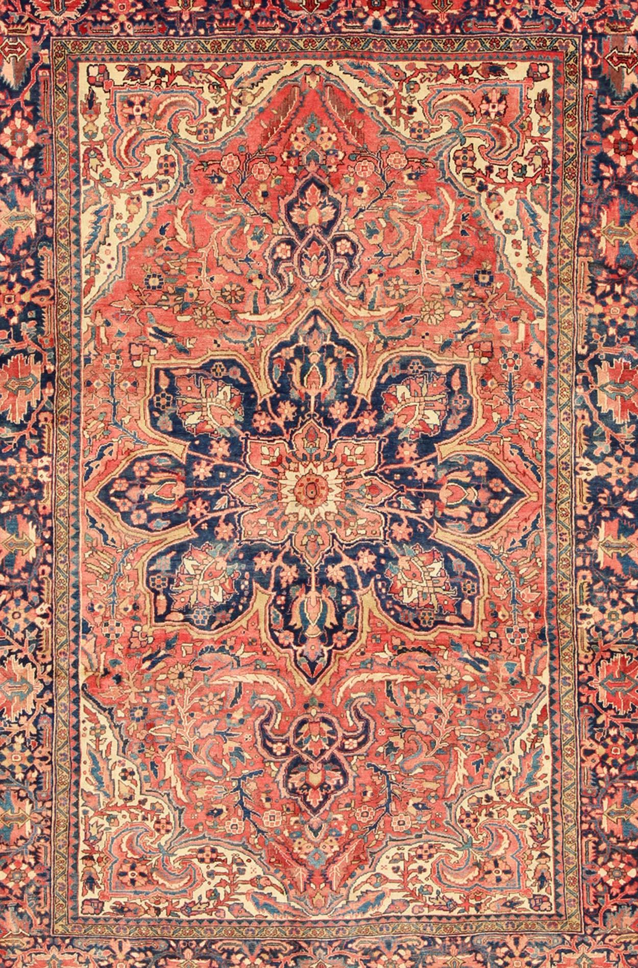 Heriz Serapi Vintage Persian Heriz Rug with Floral Medallion Design in Red and Blue