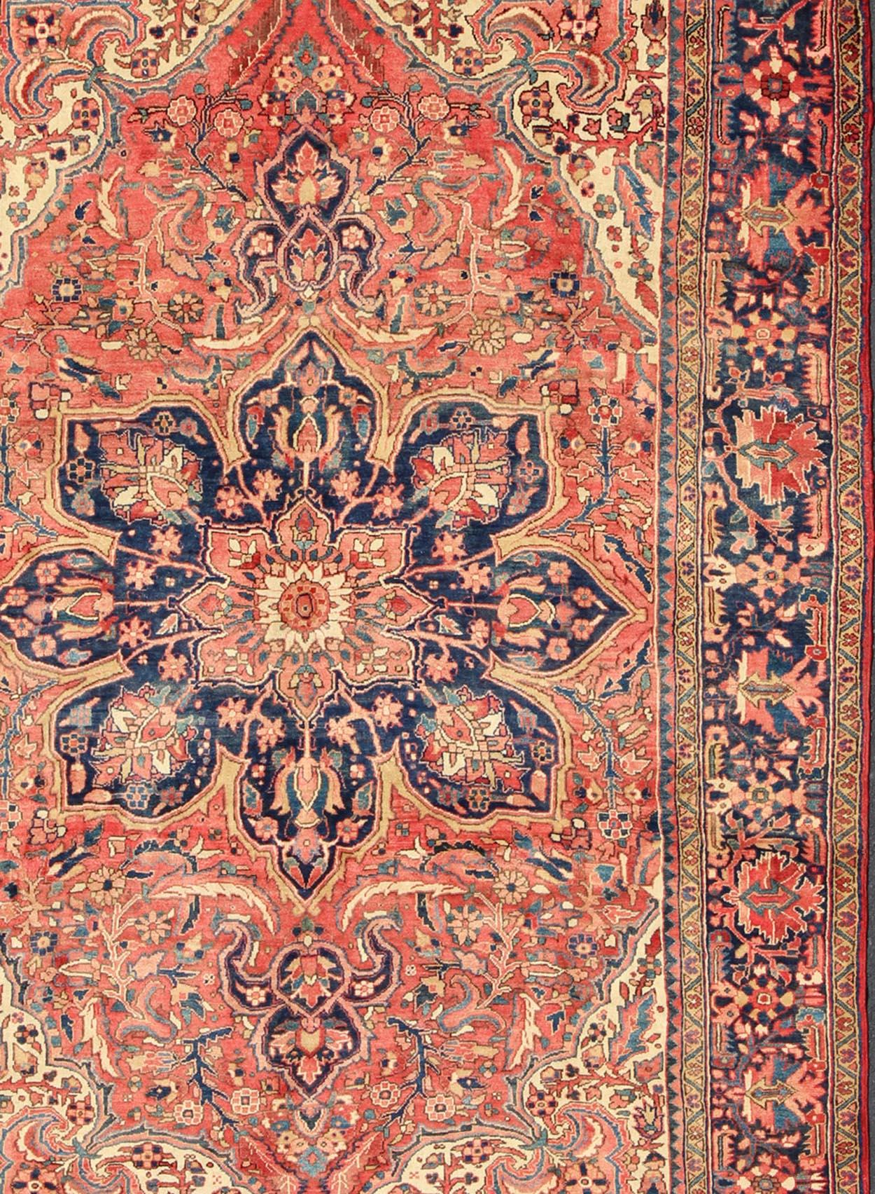 Hand-Knotted Vintage Persian Heriz Rug with Floral Medallion Design in Red and Blue