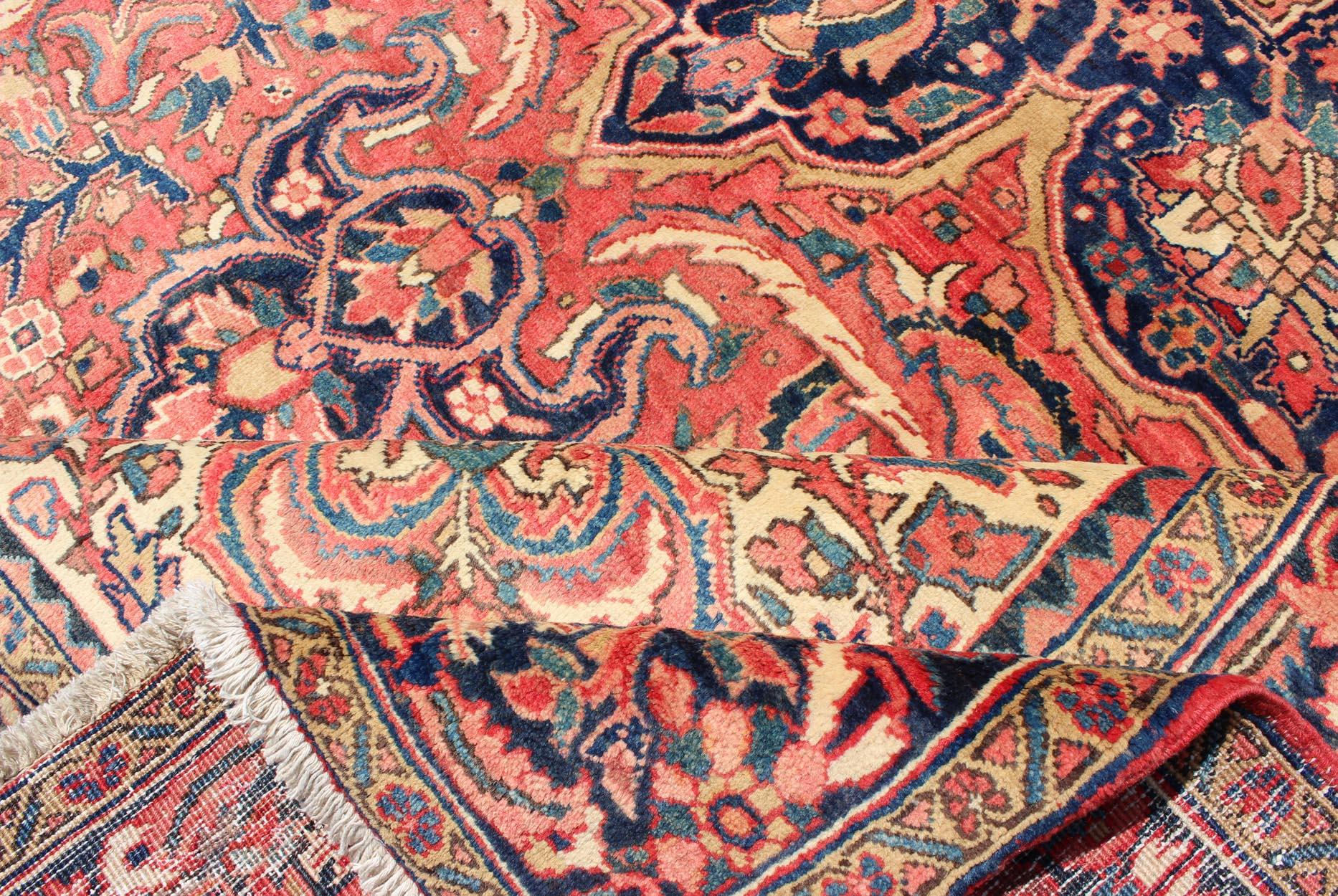 Vintage Persian Heriz Rug with Floral Medallion Design in Red and Blue In Excellent Condition In Atlanta, GA