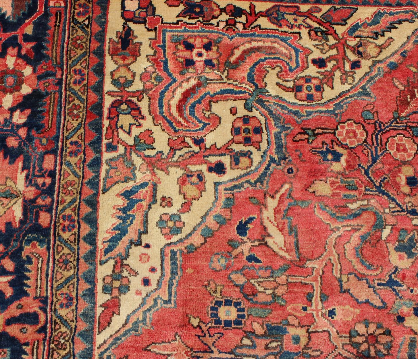 Mid-20th Century Vintage Persian Heriz Rug with Floral Medallion Design in Red and Blue
