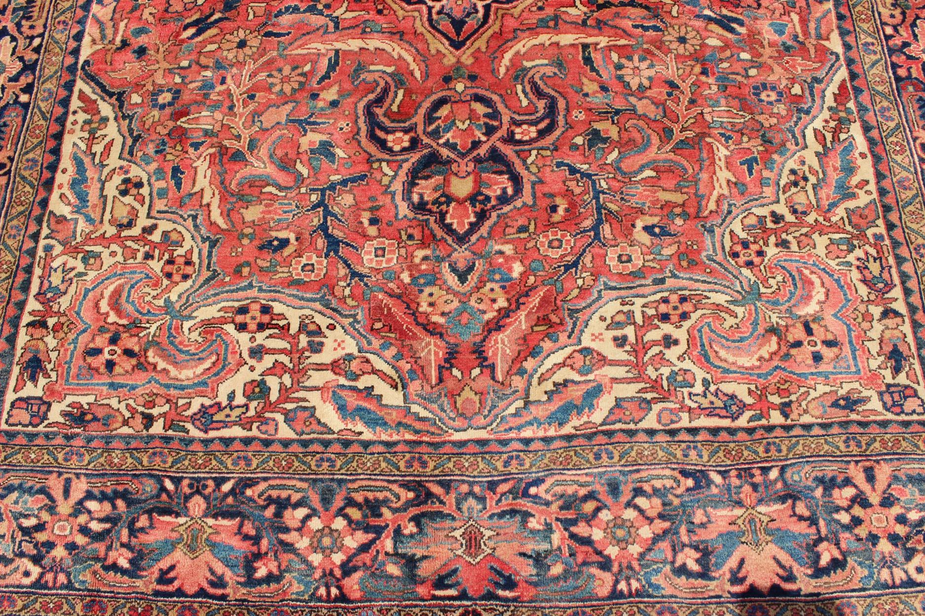 Wool Vintage Persian Heriz Rug with Floral Medallion Design in Red and Blue