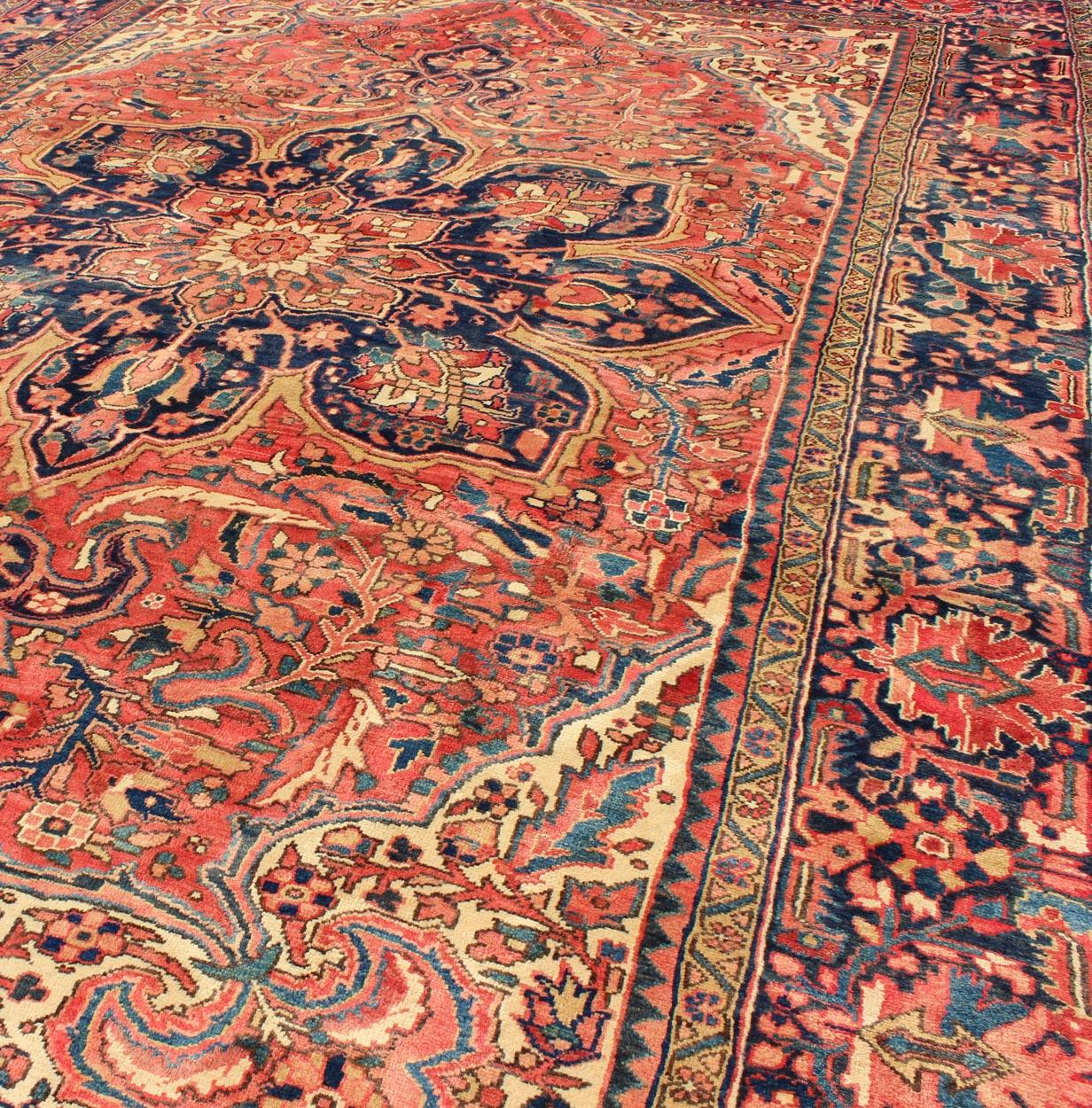 Vintage Persian Heriz Rug with Floral Medallion Design in Red and Blue 1