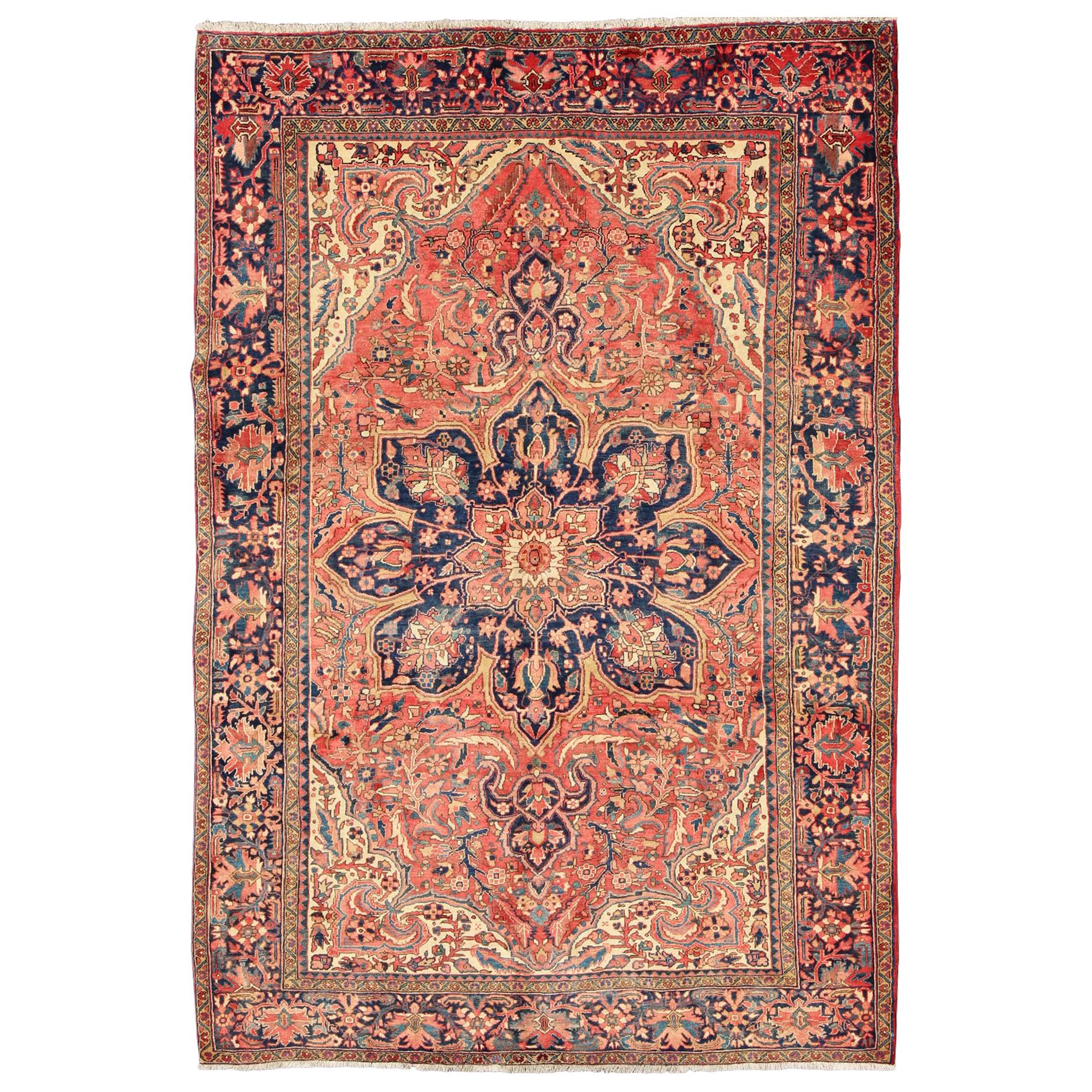 Vintage Persian Heriz Rug with Floral Medallion Design in Red and Blue