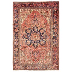 Vintage Persian Heriz Rug with Floral Medallion Design in Red and Blue