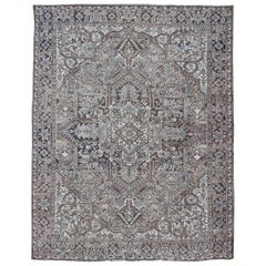 Vintage Persian Heriz Rug with Geometric Medallion Design in Ivory, Taupe, Brown