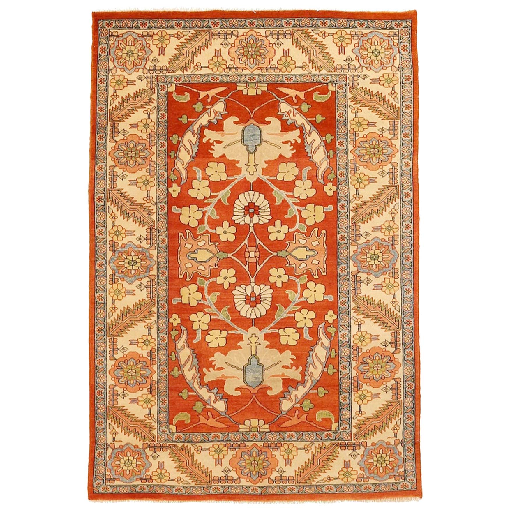 Vintage Persian Heriz Rug with Gray and Beige Floral Details on Red Center Field