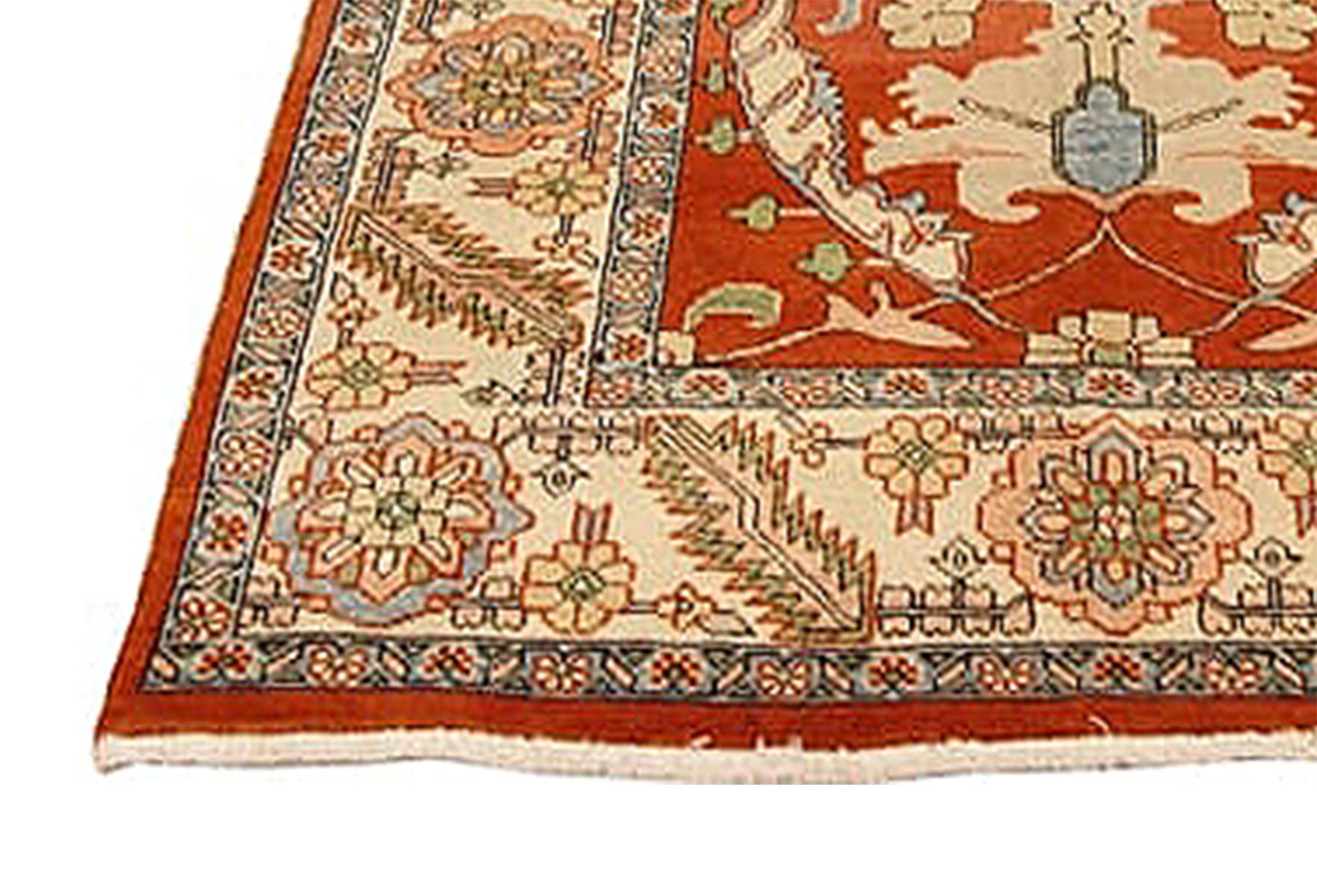 Heriz Serapi Vintage Persian Heriz Rug with Gray and Beige Floral Details on Red Center Field For Sale