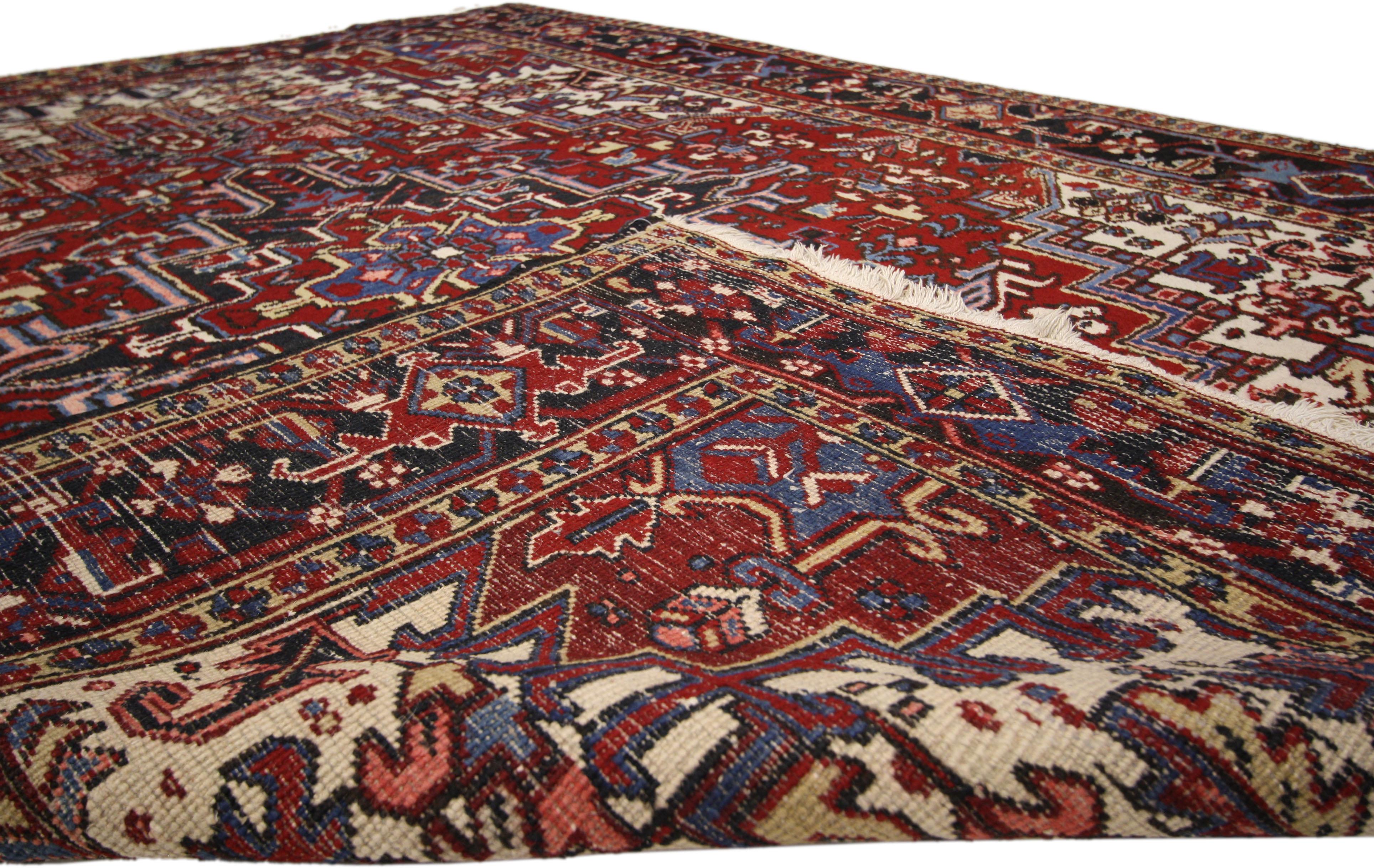 Hand-Knotted Vintage Persian Heriz Rug with Manor House and Tudor Style For Sale