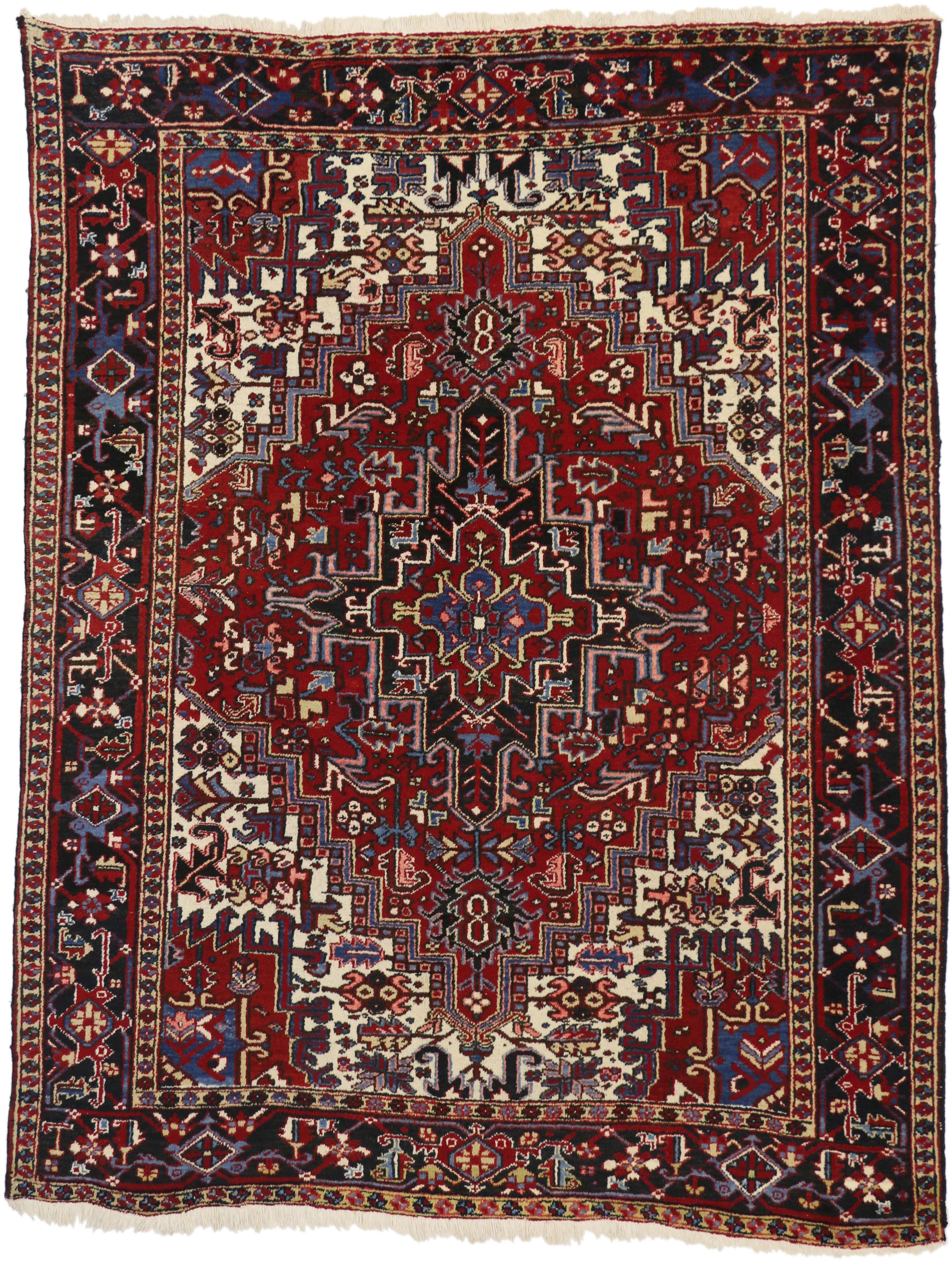 Vintage Persian Heriz Rug with Manor House and Tudor Style In Good Condition For Sale In Dallas, TX