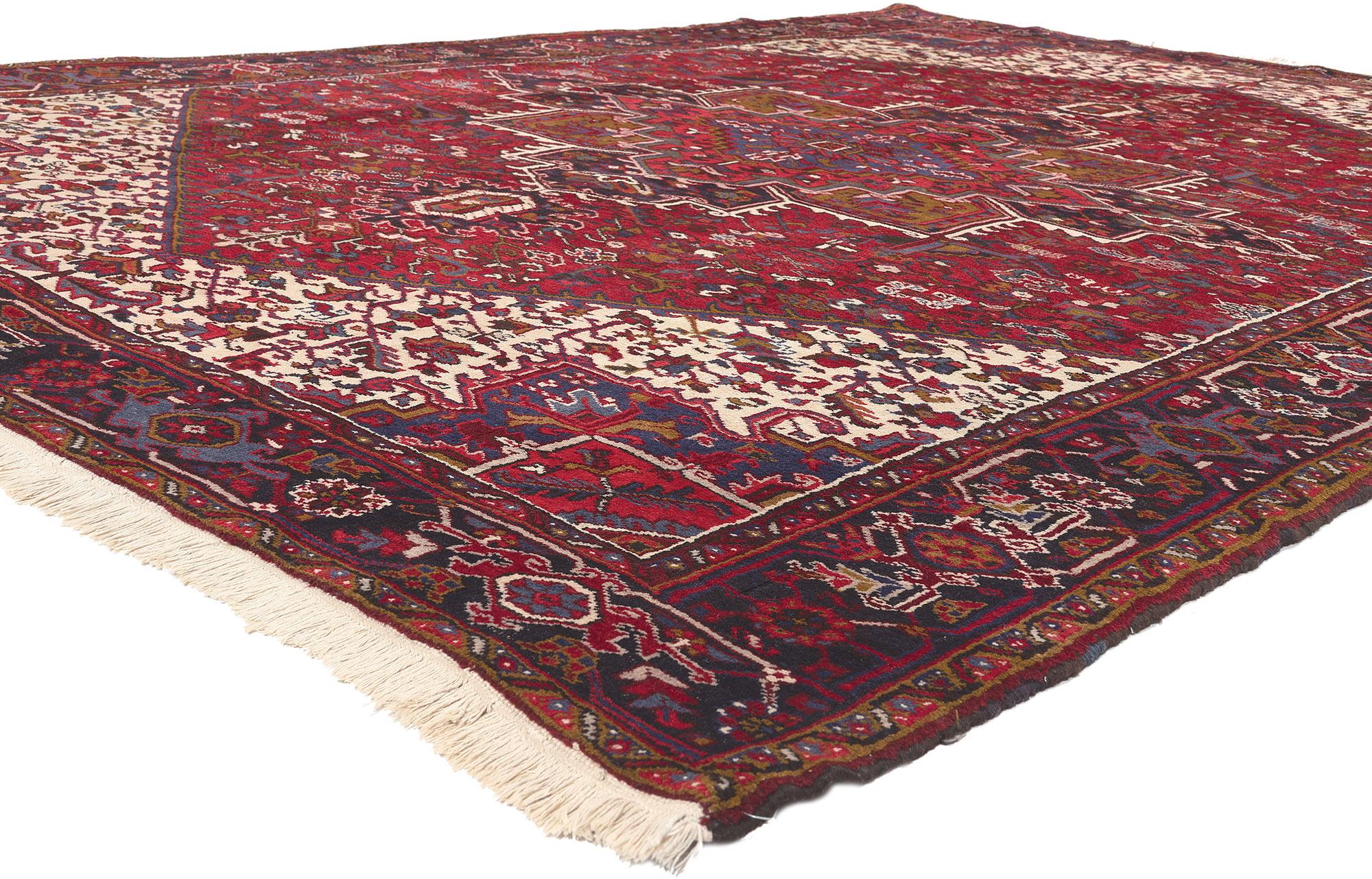 60307 Vintage Persian Heriz Rug, 08'10 x 12'01. 
Perpetually posh meets timeless elegance in this vintage Persian Heriz rug. The sophisticated geometric design and classic color palette woven into this piece work together creating a modern yet