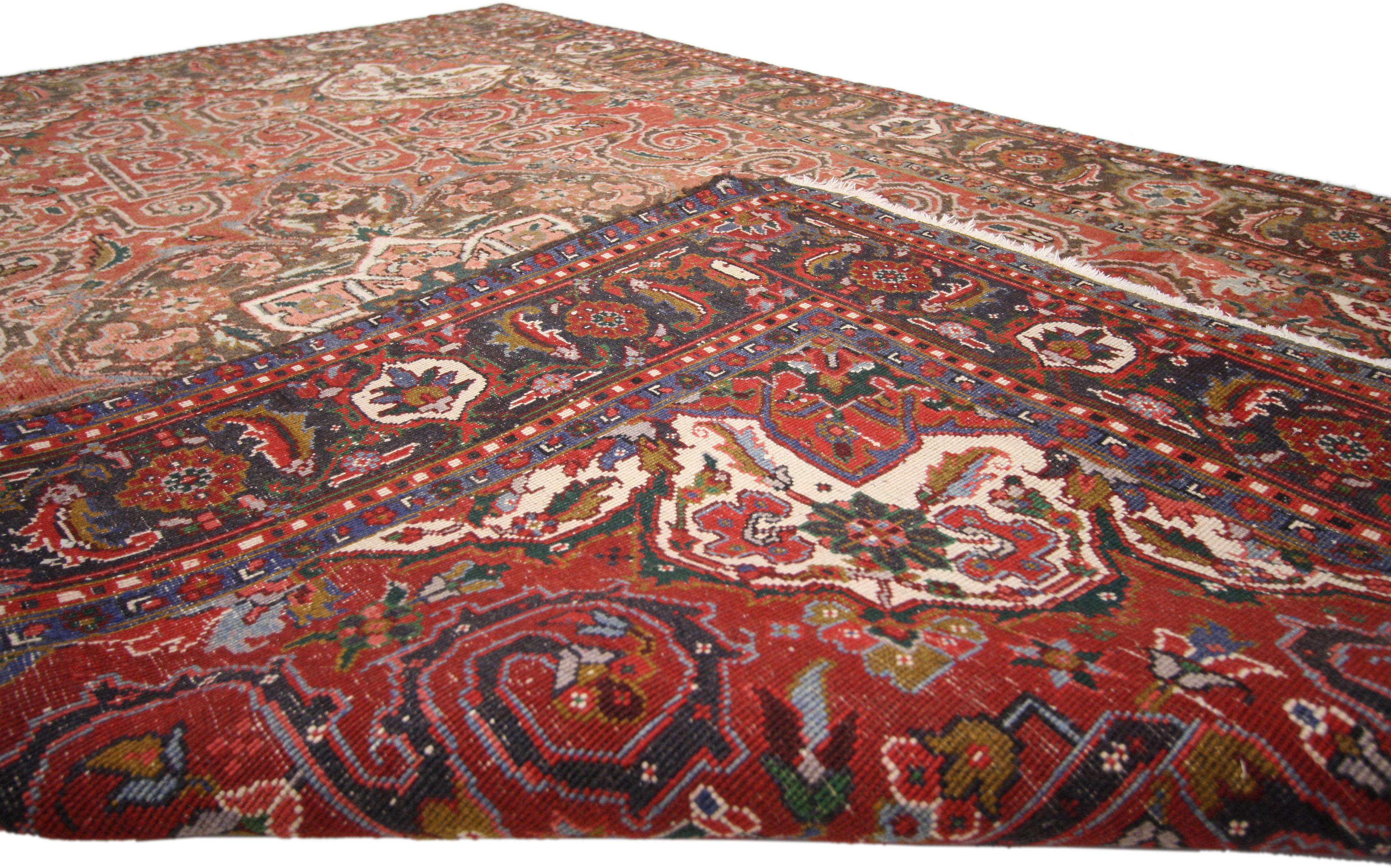 Hand-Knotted Vintage Persian Heriz Rug with Mid-Century Modern English Tudor Cottage Style For Sale
