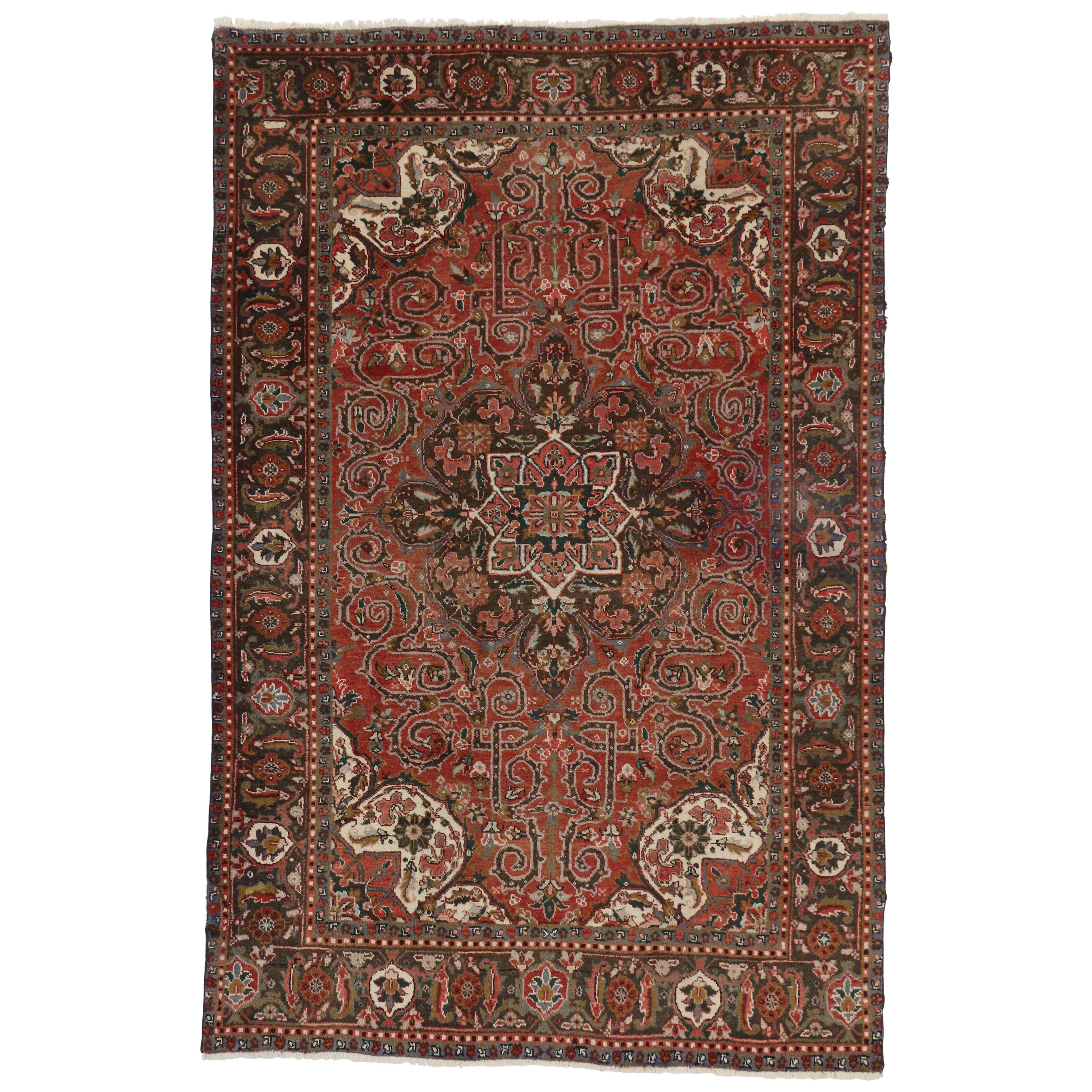Vintage Persian Heriz Rug with Mid-Century Modern English Tudor Cottage Style For Sale