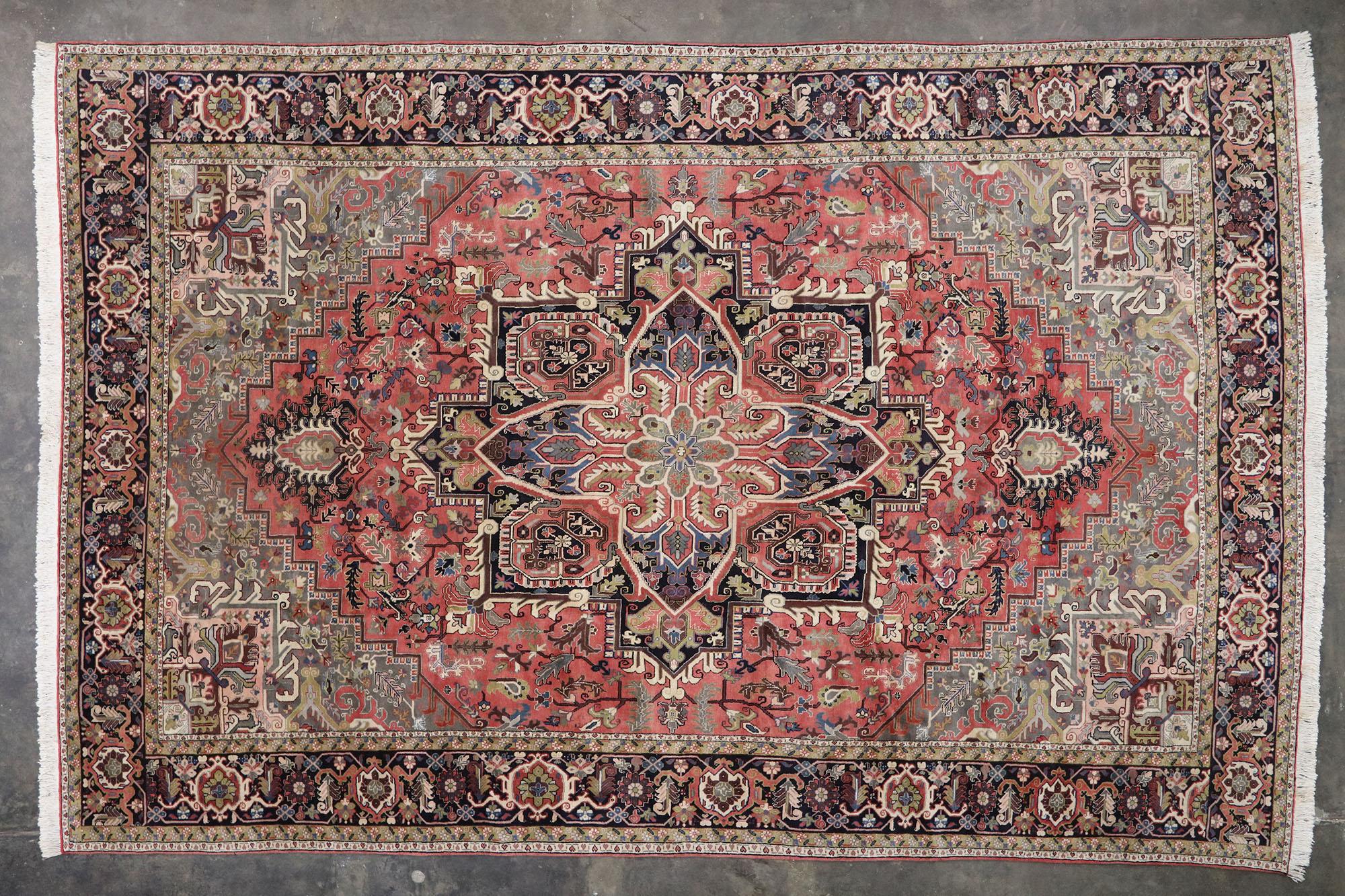 78065, vintage Persian Heriz rug with Mid-Century Modern style 12'09 x 19'05. Warm and inviting with Mid-Century Modern style, this hand-knotted wool vintage Persian Heriz rug features a large lobed center medallion anchored with palmette pendants