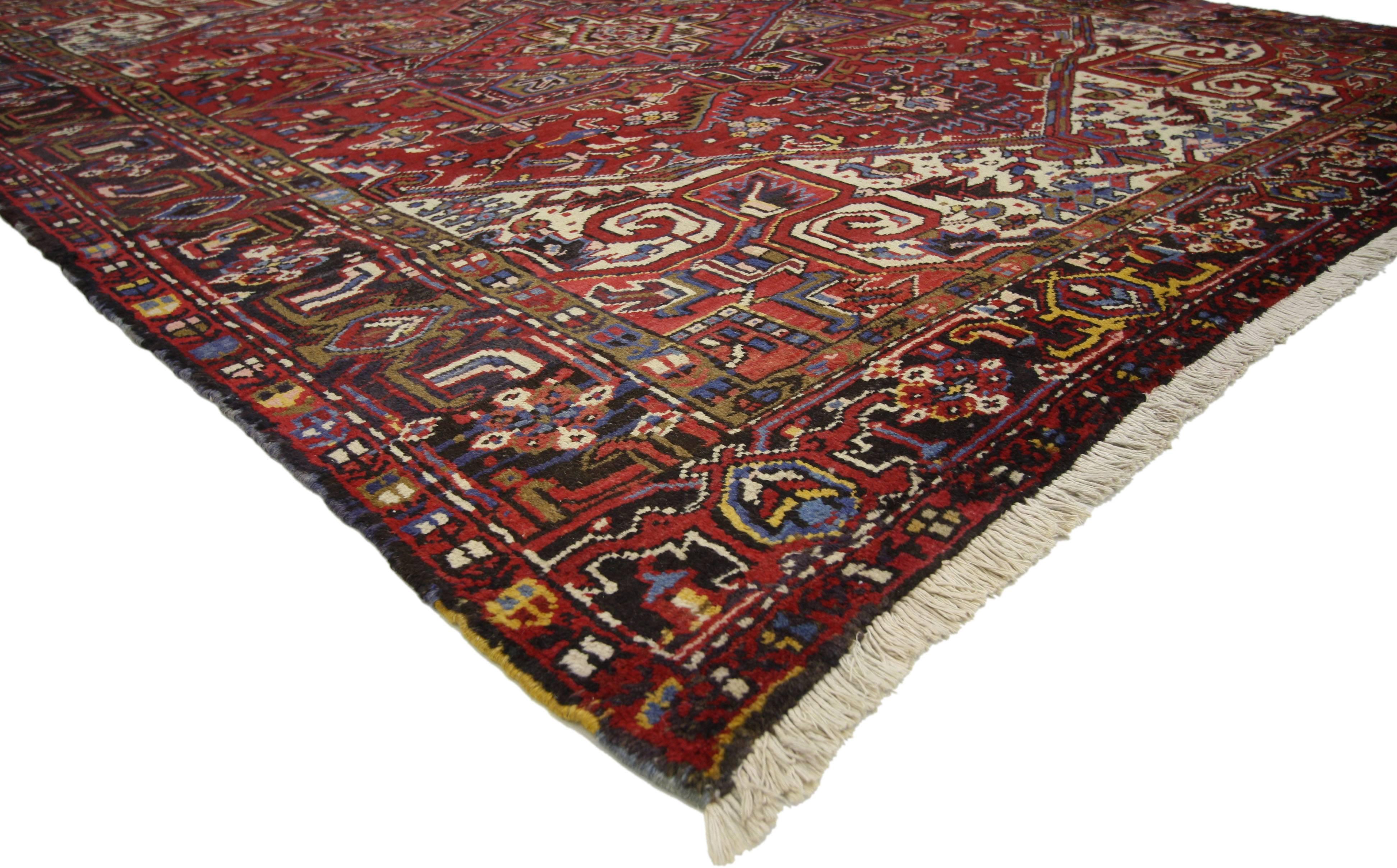 76246 Vintage Persian Heriz Rug with Mid-Century Modern Style 07'07 X 09'11. With its striking appeal and saturated red color palette, this hand-knotted wool vintage Persian Heriz rug appears like a sumptuous Italian velvet, recalling the rich and