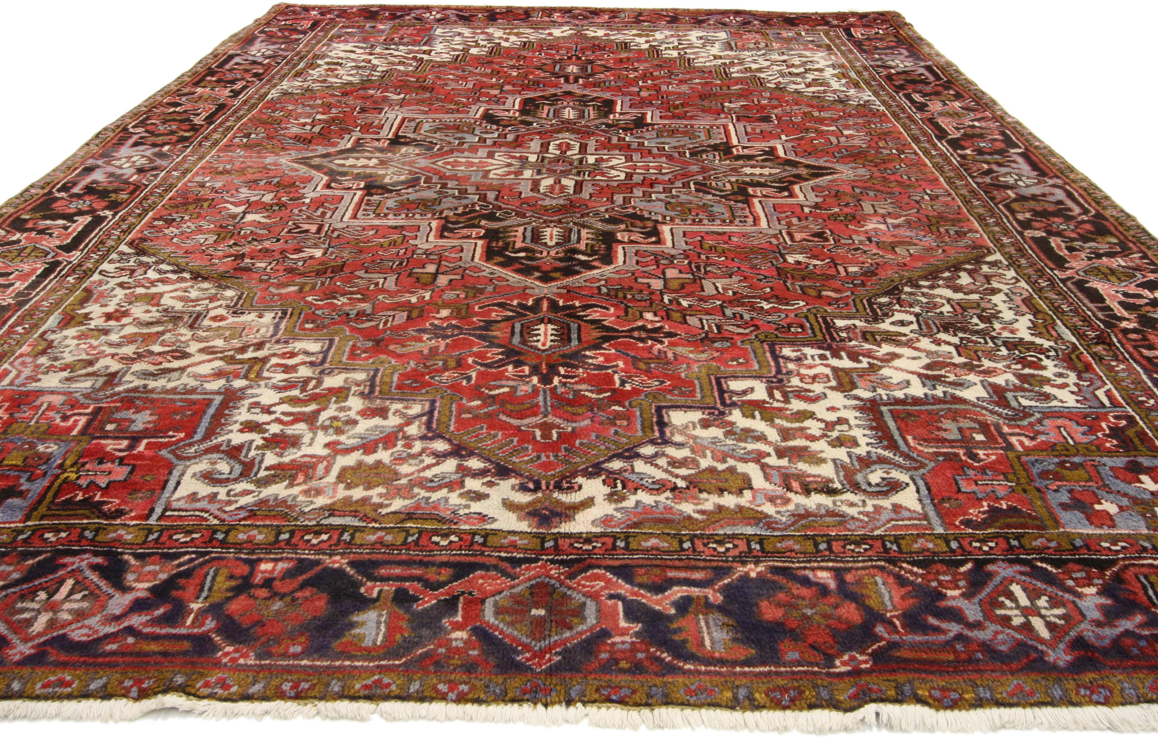 Hand-Knotted Vintage Persian Heriz Rug with Mid-Century Modern Style