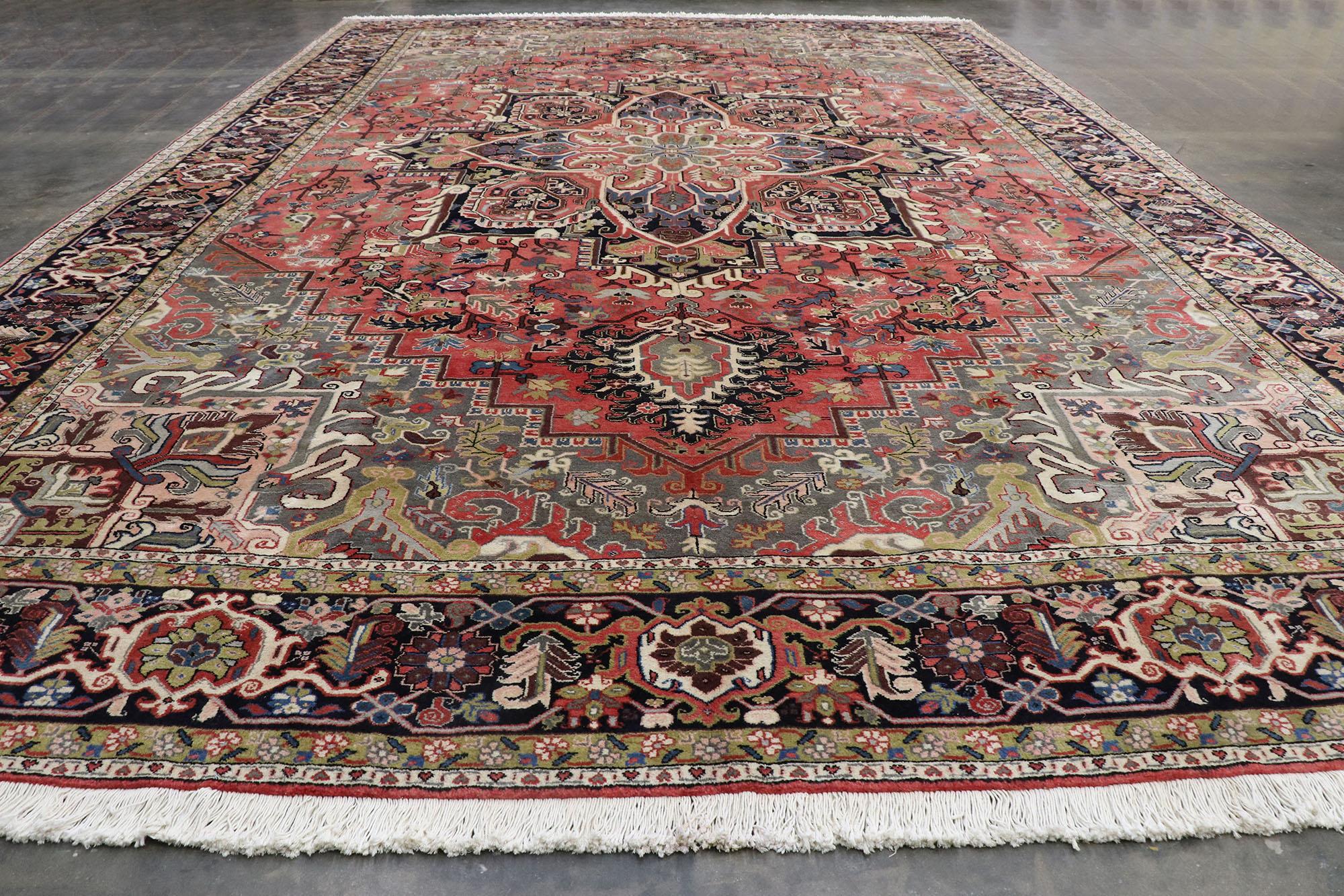 Hand-Knotted Vintage Persian Heriz Hotel Lobby Size Rug with Mid-Century Modern Style For Sale