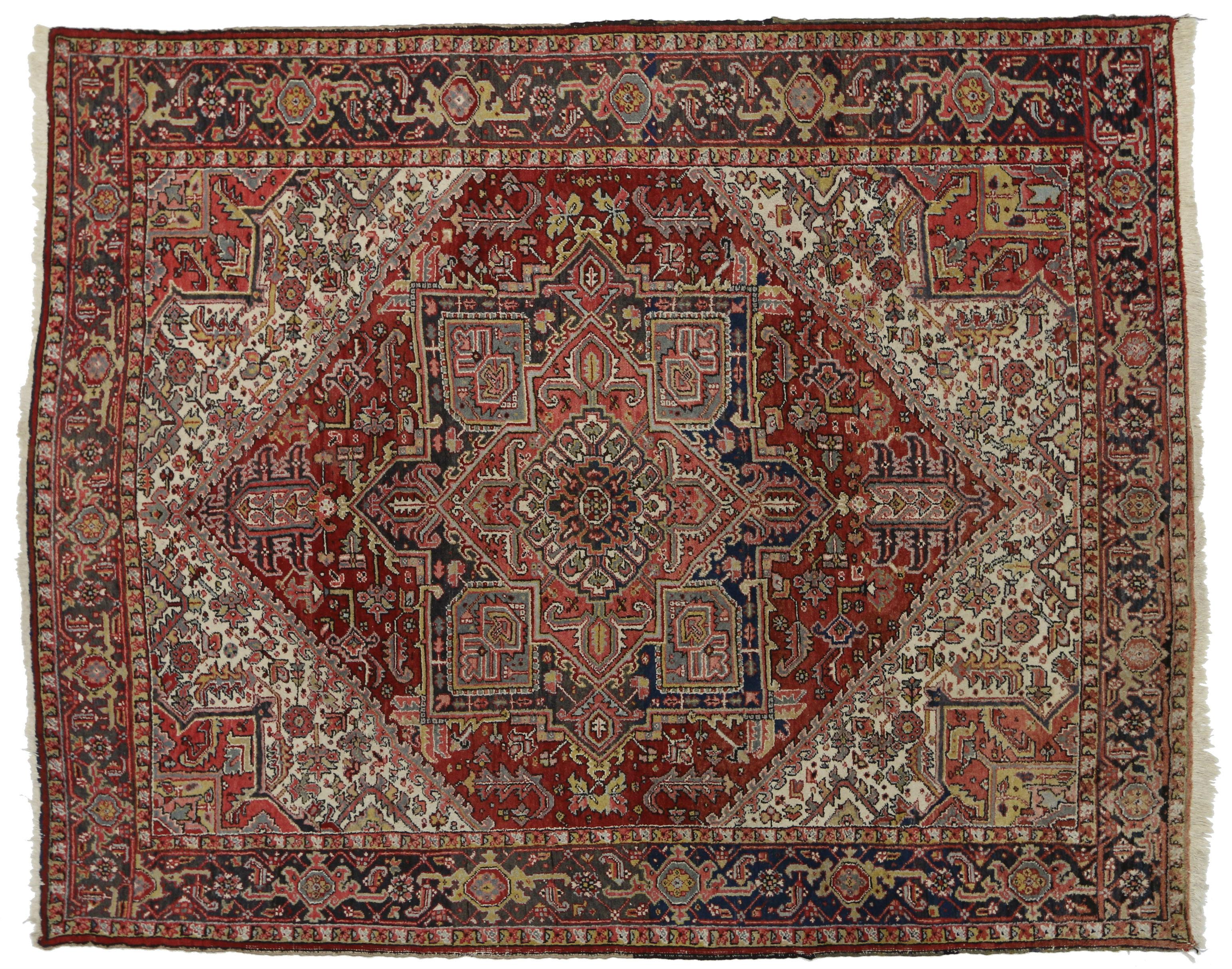Hand-Knotted Vintage Persian Heriz Rug with Mid-Century Modern Style For Sale