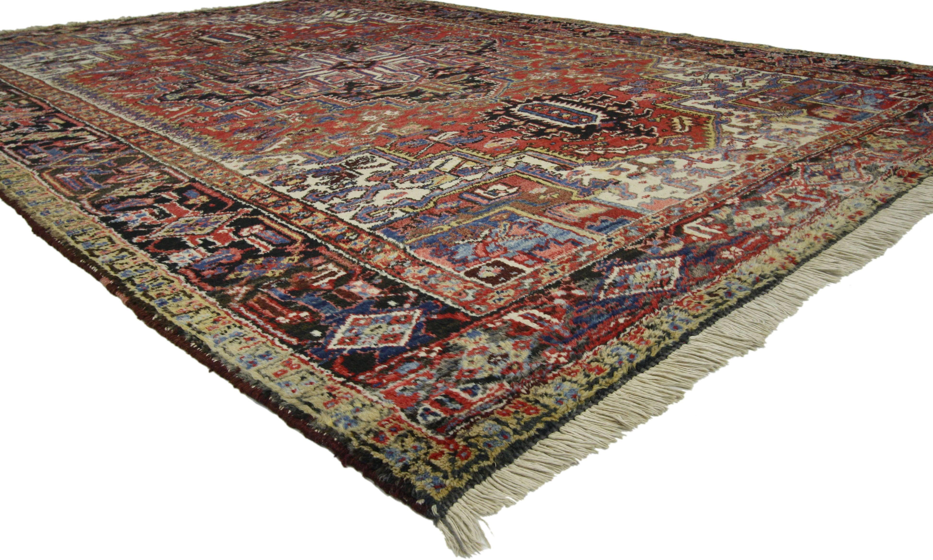 72713 Antique Persian Heriz Rug, 07'03 x 10'06. With a traditional refined color palette, striking appeal, and architectural design elements, this hand knotted wool antique Persian Heriz rug can beautifully blend modern, contemporary, and