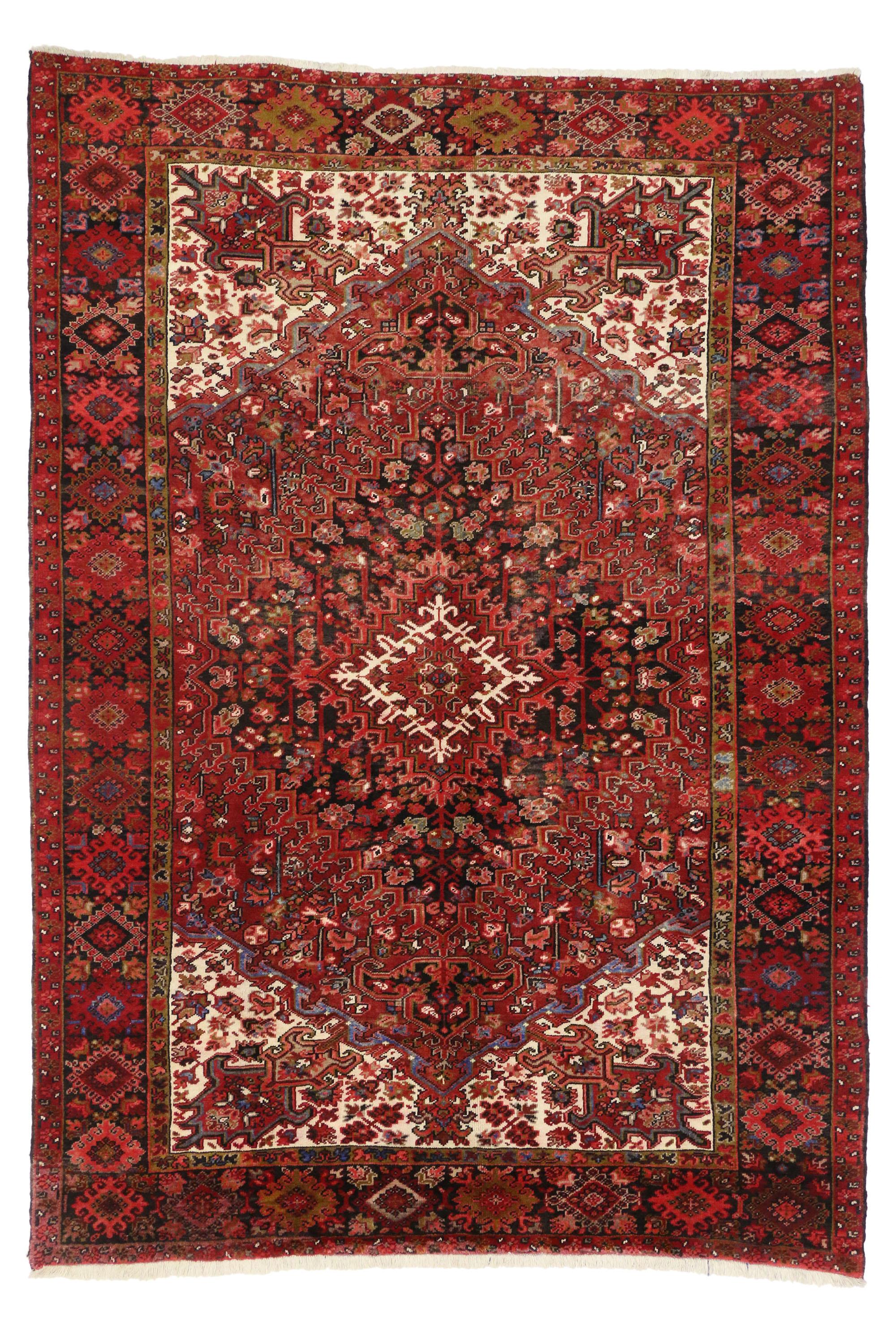 Wool Vintage Persian Heriz Rug with Mid-Century Modern Style For Sale