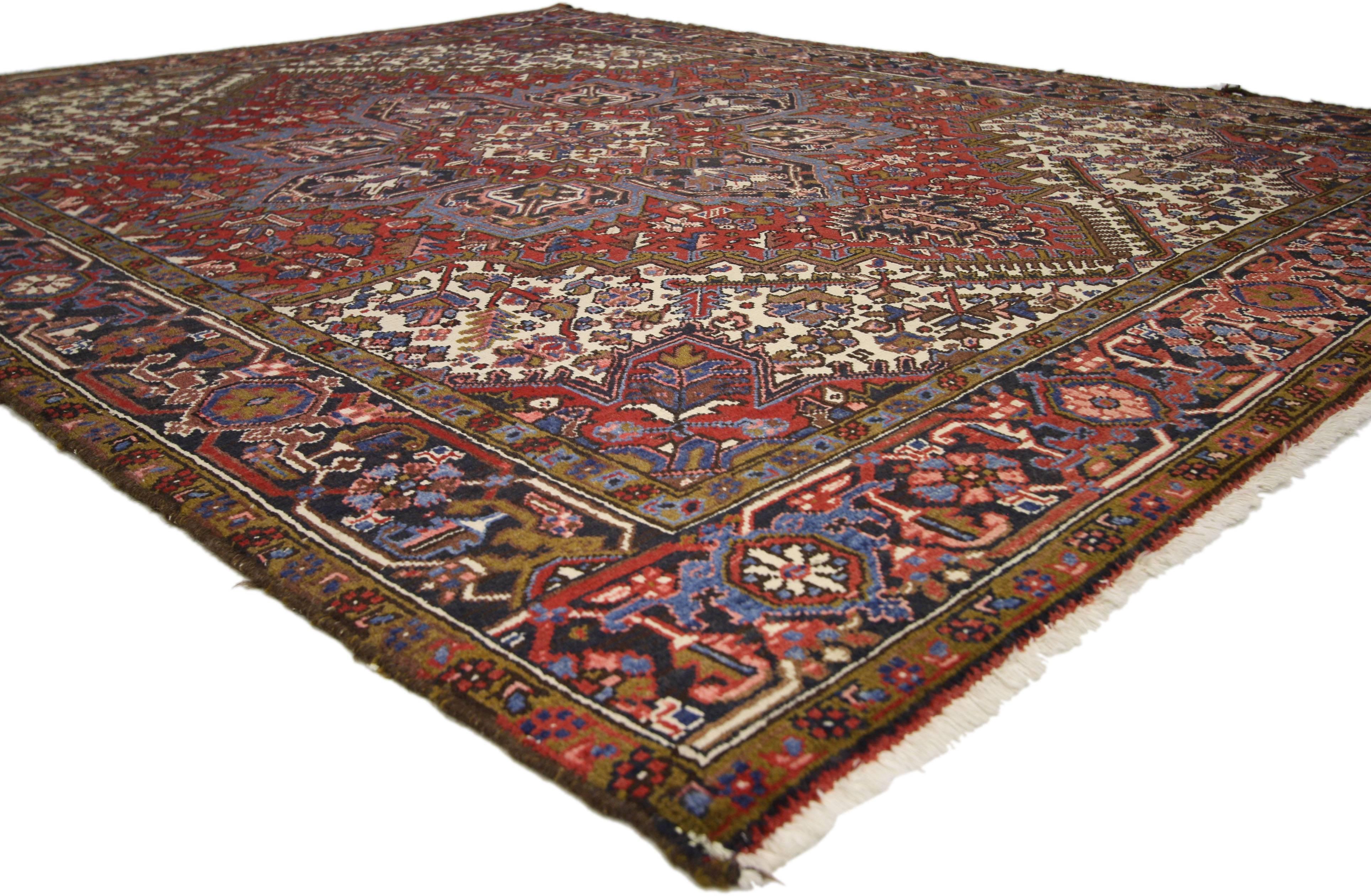 Hand-Knotted Vintage Persian Heriz Rug with Mid-Century Modern Style in Traditional Colors For Sale